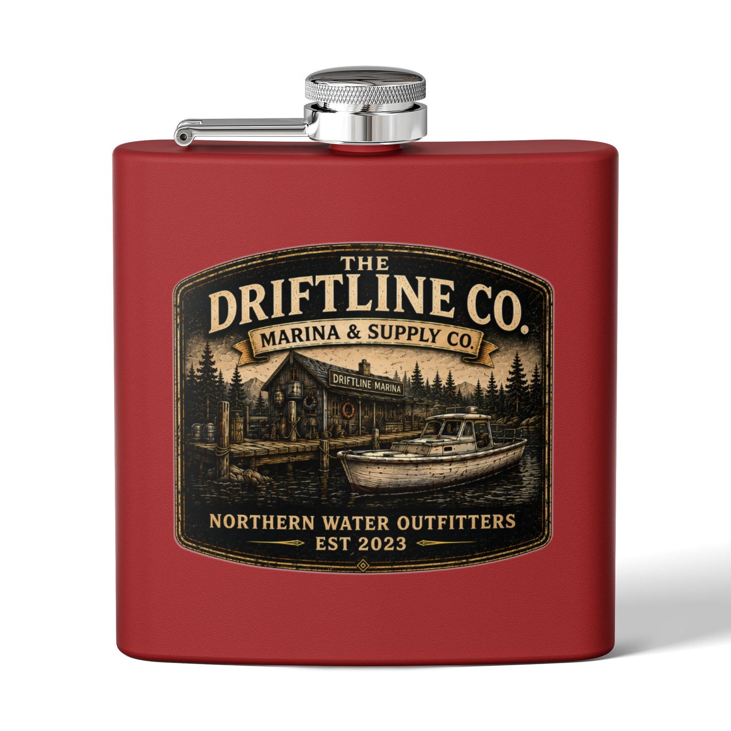 The Driftline Company Marina & Supply Co. Hip Flask | Northern Water Outfitters Stainless Steel Flask - SJM Print Store