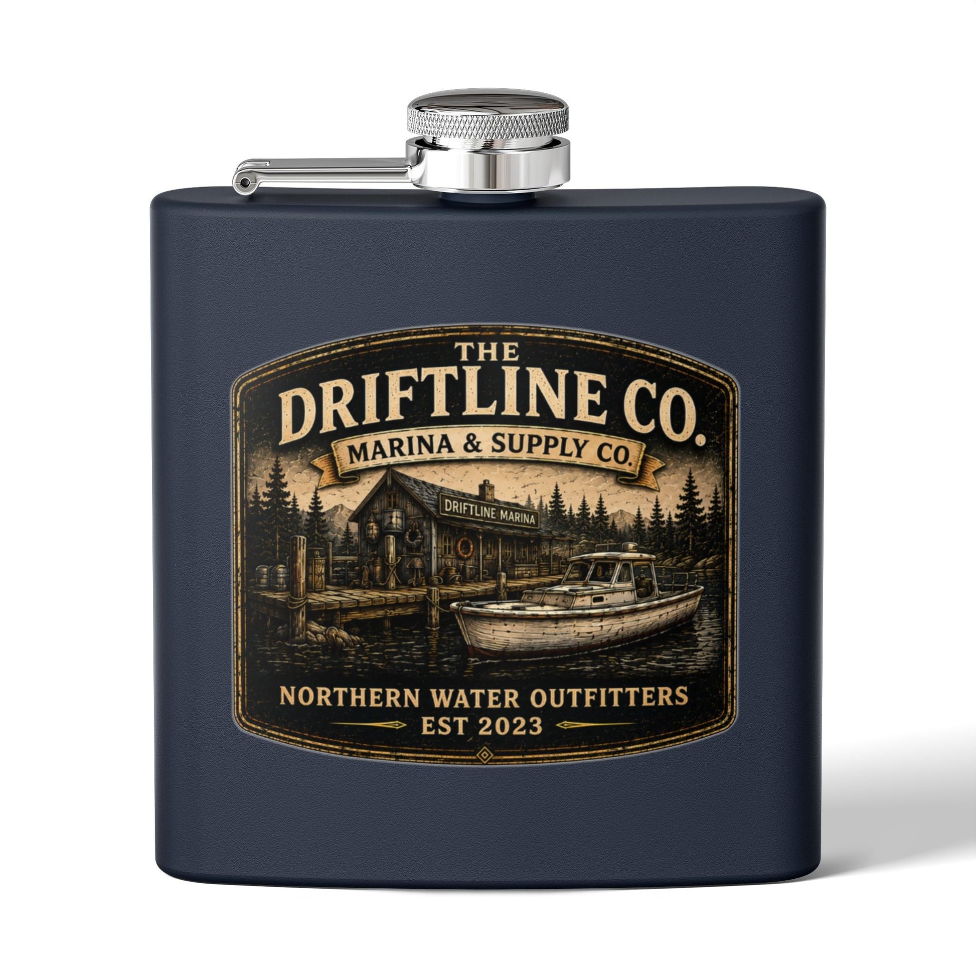 The Driftline Company Marina & Supply Co. Hip Flask | Northern Water Outfitters Stainless Steel Flask - SJM Print Store