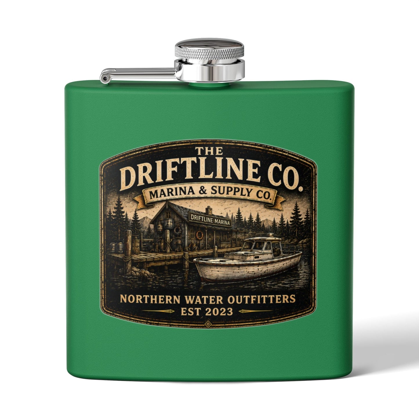 The Driftline Company Marina & Supply Co. Hip Flask | Northern Water Outfitters Stainless Steel Flask - SJM Print Store