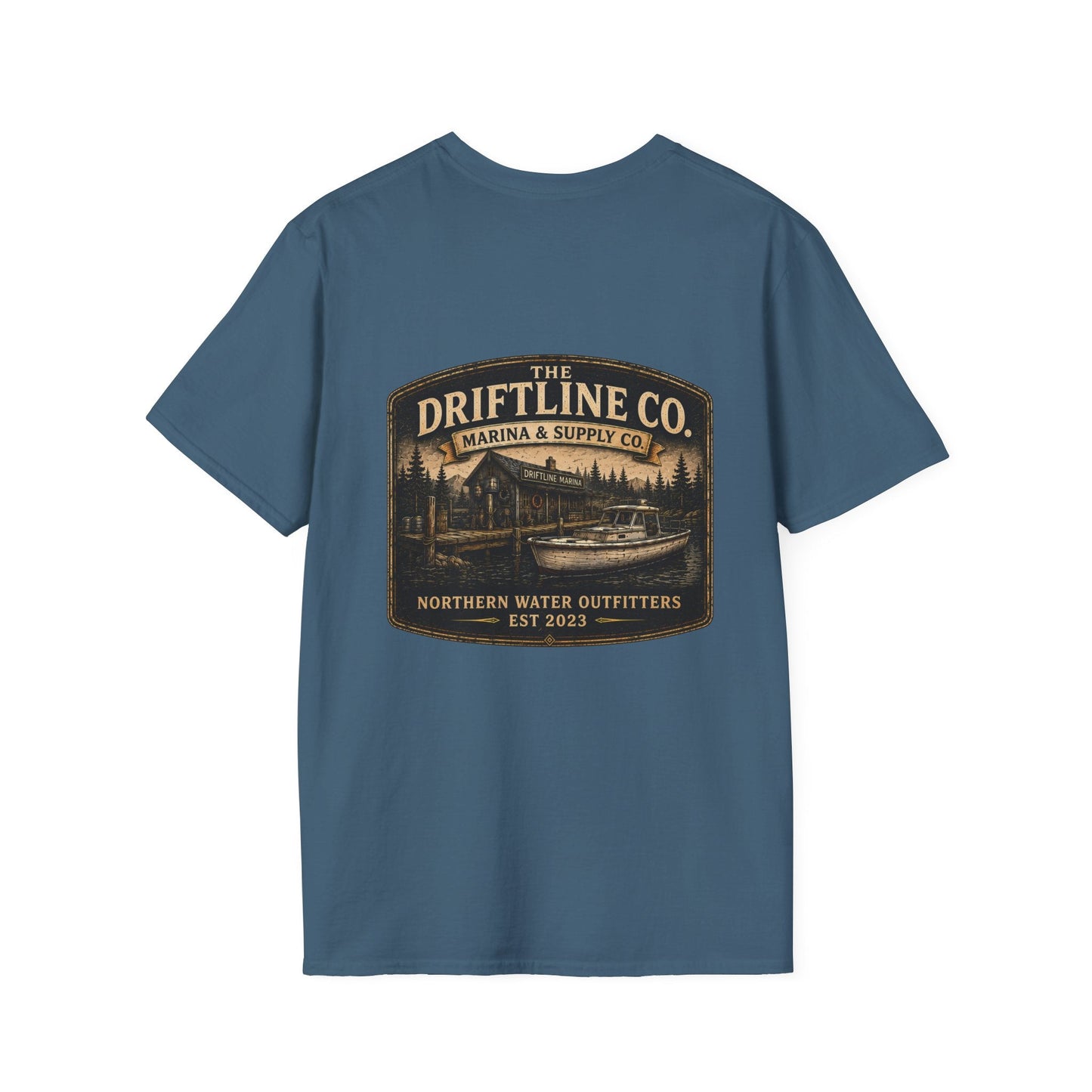 The Driftline Company Marina & Supply Co. Northern Water Outfitters Double-Sided T-Shirt | Vintage Fishing & Boating Tee - SJM Print Store