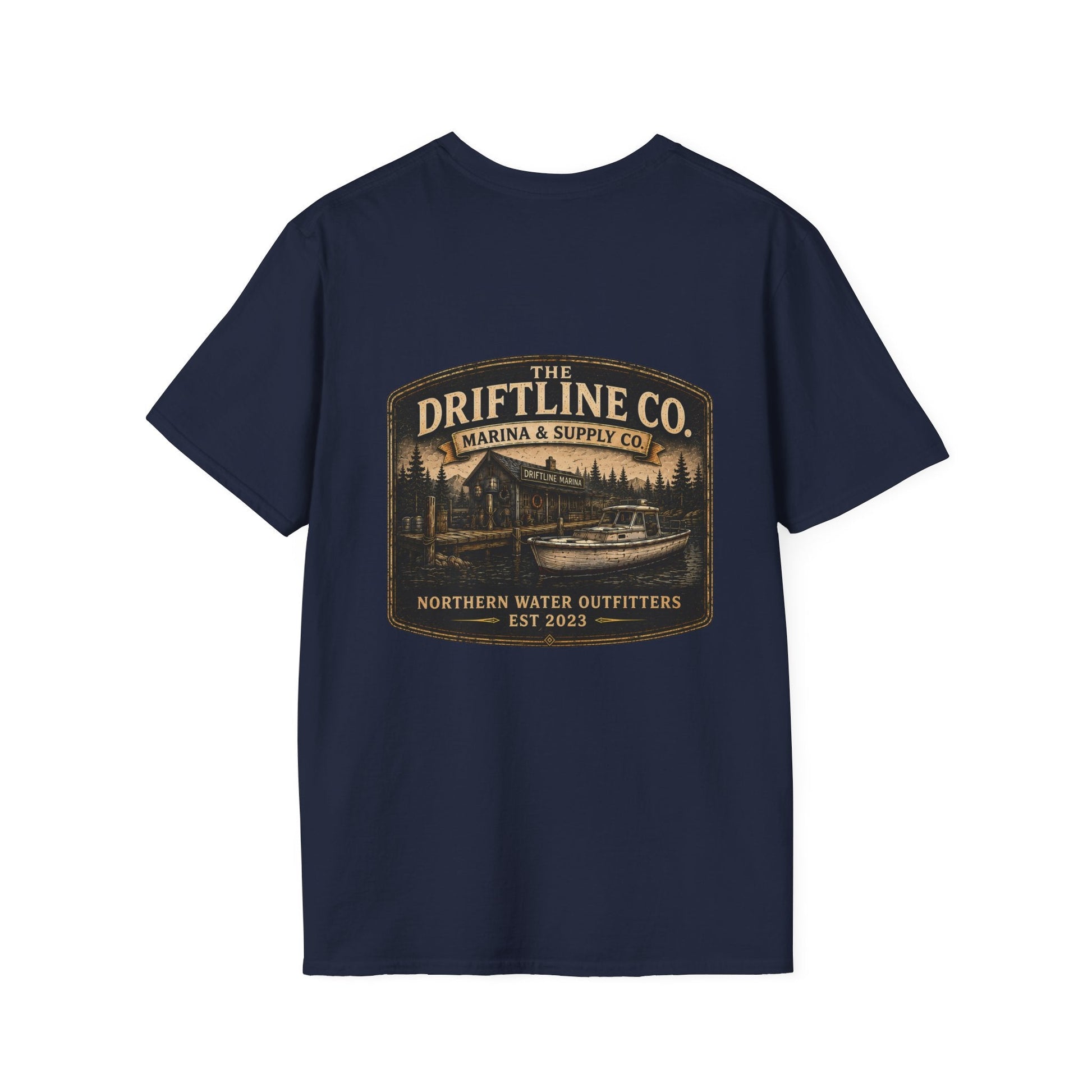 The Driftline Company Marina & Supply Co. Northern Water Outfitters Double-Sided T-Shirt | Vintage Fishing & Boating Tee - SJM Print Store