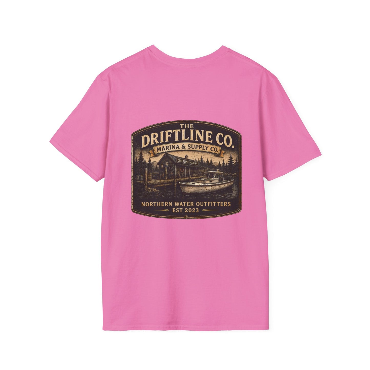 The Driftline Company Marina & Supply Co. Northern Water Outfitters Double-Sided T-Shirt | Vintage Fishing & Boating Tee - SJM Print Store