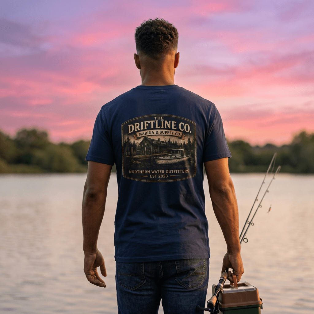 The Driftline Company Marina & Supply Co. Northern Water Outfitters Double-Sided T-Shirt | Vintage Fishing & Boating Tee - SJM Print Store