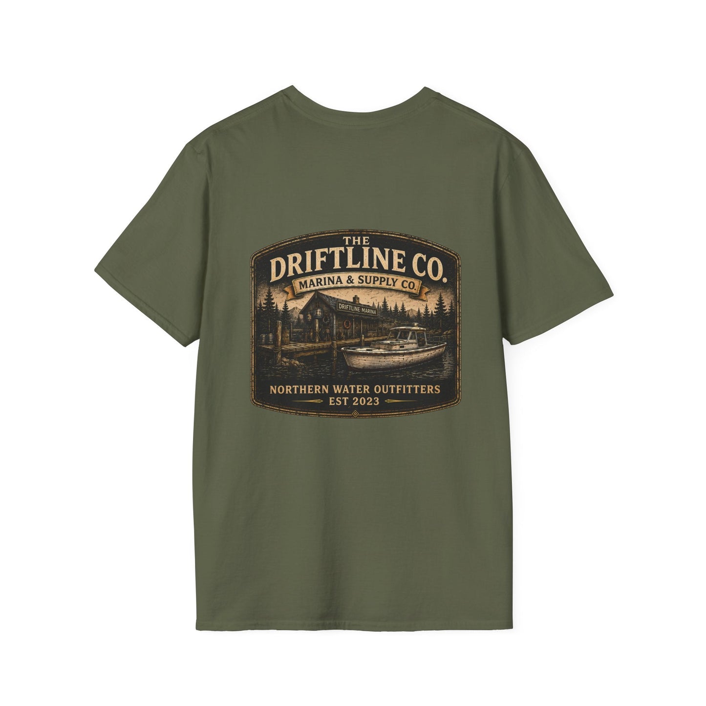 The Driftline Company Marina & Supply Co. Northern Water Outfitters Double-Sided T-Shirt | Vintage Fishing & Boating Tee - SJM Print Store