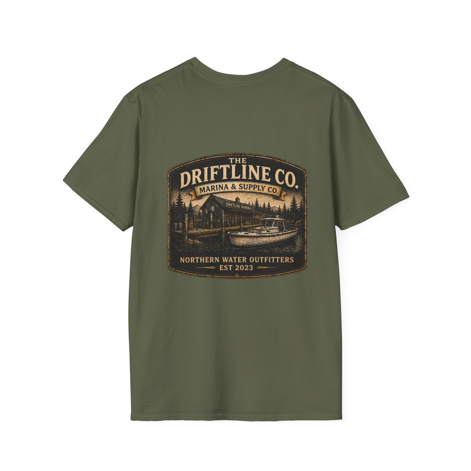 The Driftline Company Marina & Supply Co. Northern Water Outfitters Double-Sided T-Shirt | Vintage Fishing & Boating Tee - SJM Print Store