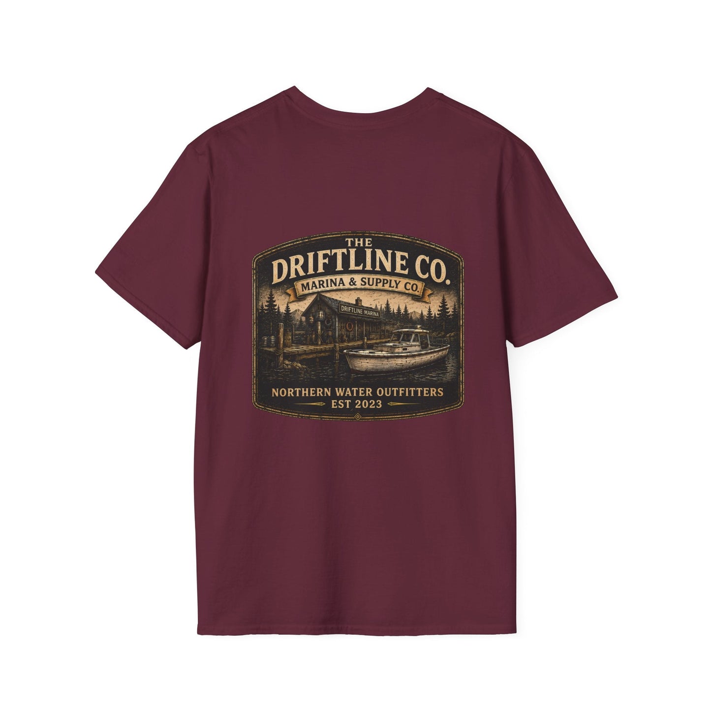 The Driftline Company Marina & Supply Co. Northern Water Outfitters Double-Sided T-Shirt | Vintage Fishing & Boating Tee - SJM Print Store