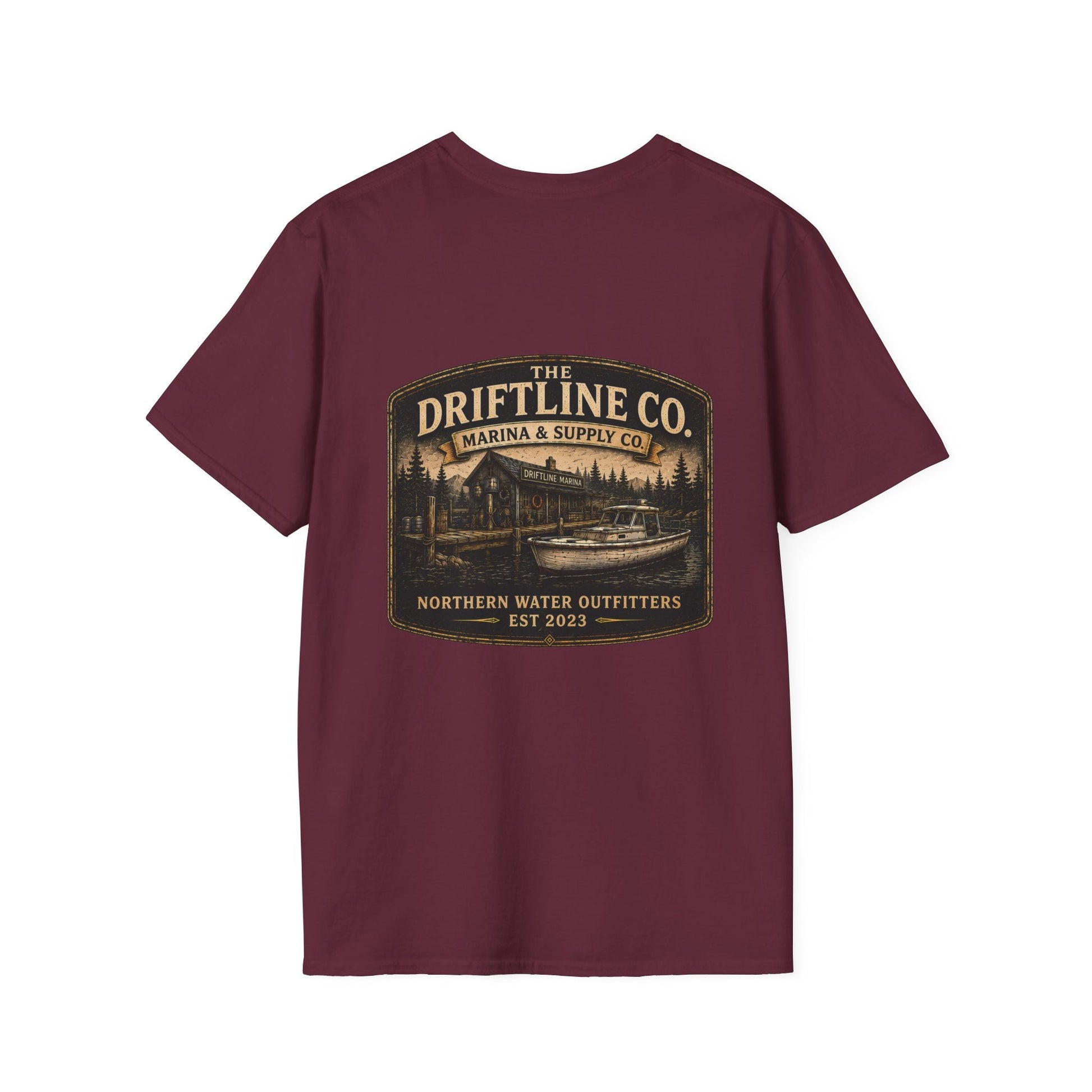 The Driftline Company Marina & Supply Co. Northern Water Outfitters Double-Sided T-Shirt | Vintage Fishing & Boating Tee - SJM Print Store
