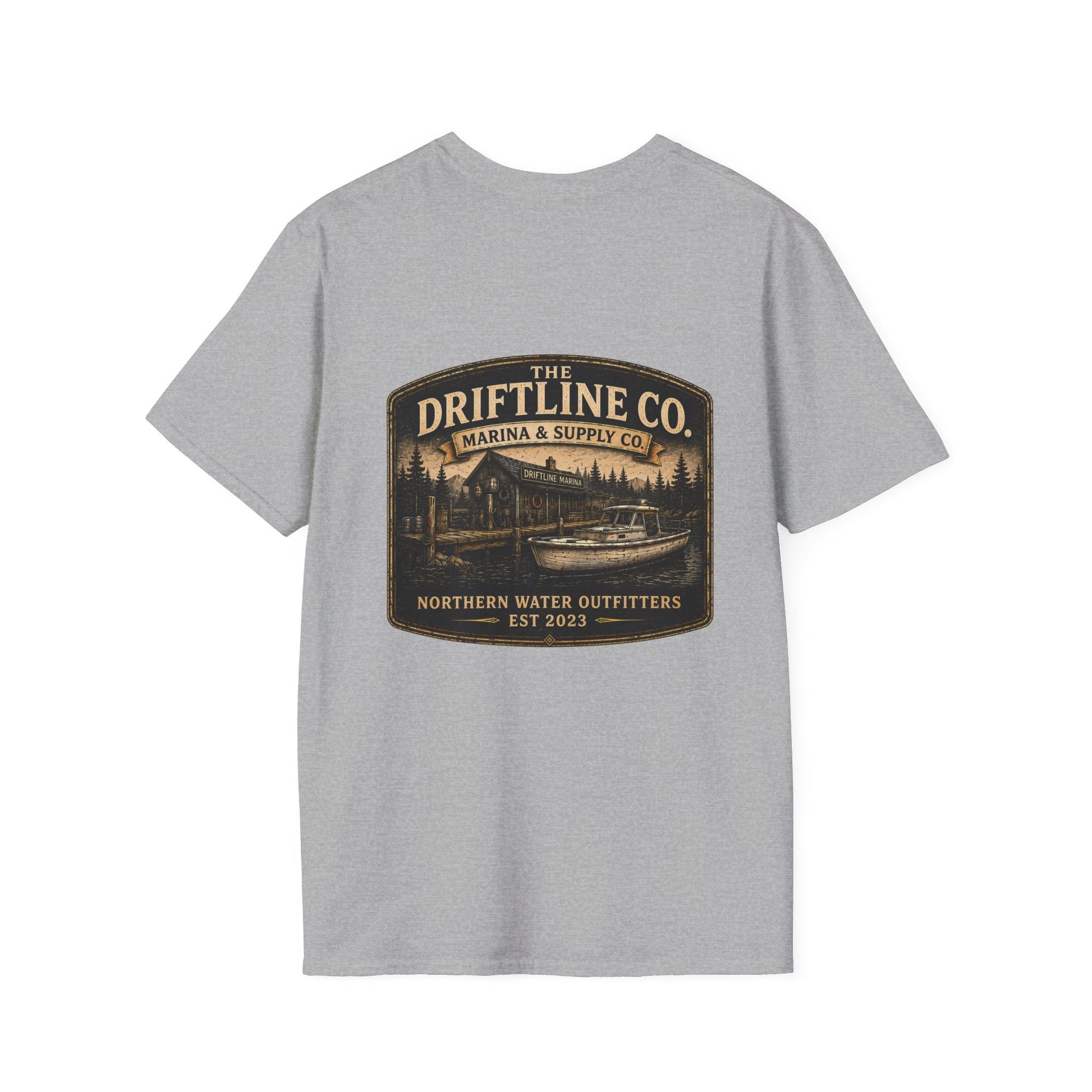 The Driftline Company Marina & Supply Co. Northern Water Outfitters Double-Sided T-Shirt | Vintage Fishing & Boating Tee - SJM Print Store