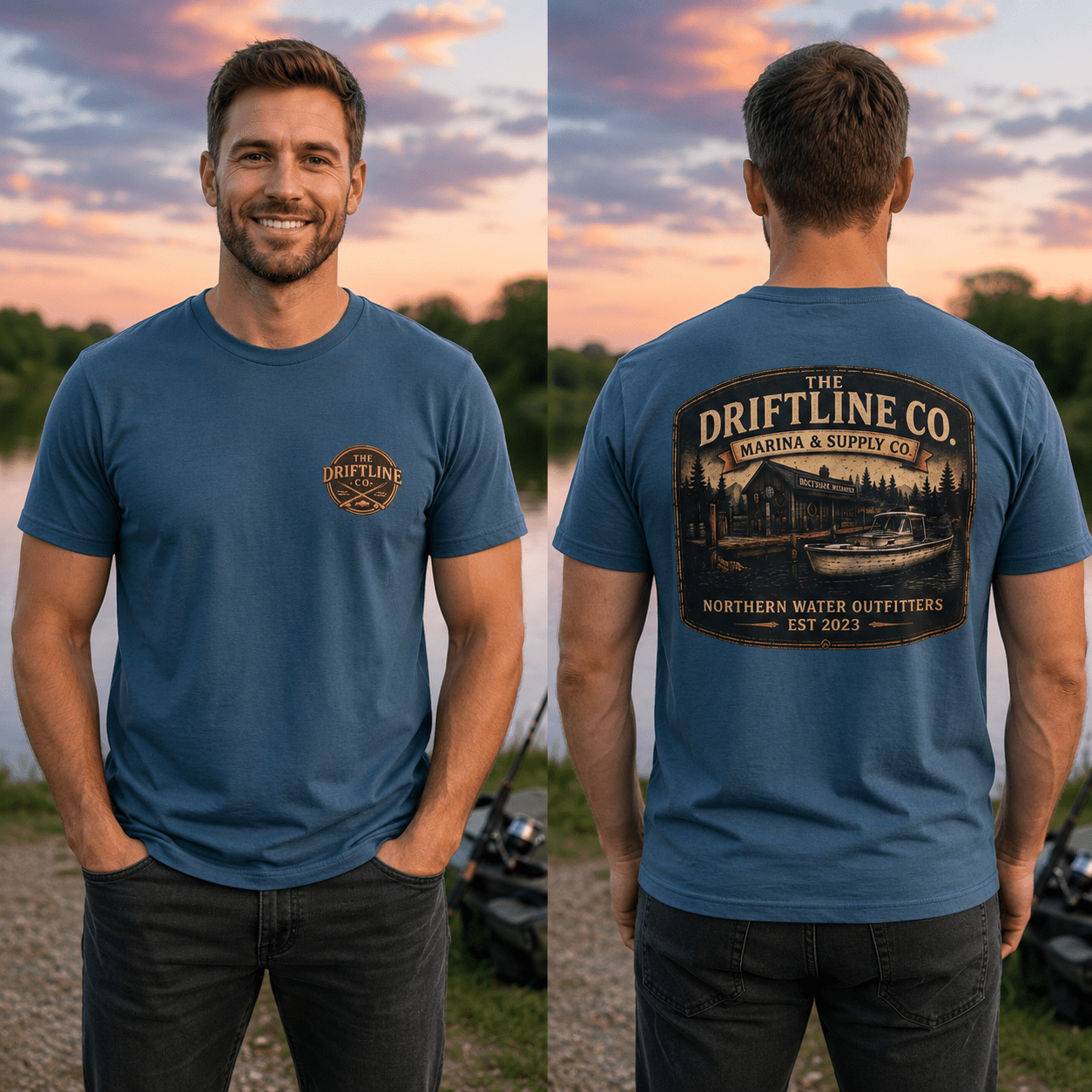 The Driftline Company Marina & Supply Co. Northern Water Outfitters Double-Sided T-Shirt | Vintage Fishing & Boating Tee - SJM Print Store