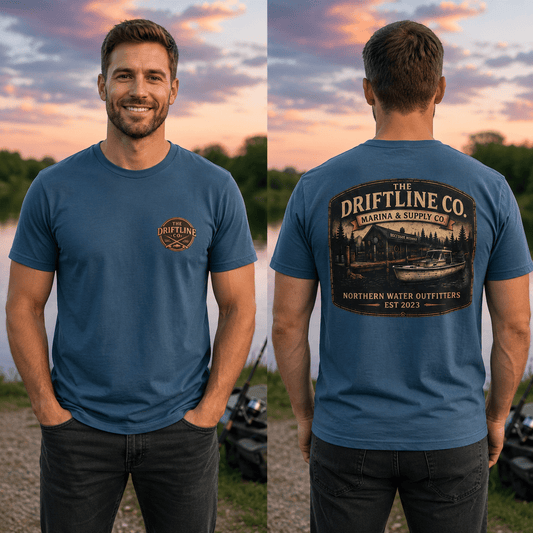 The Driftline Company Marina & Supply Co. Northern Water Outfitters Double-Sided T-Shirt | Vintage Fishing & Boating Tee - SJM Print Store