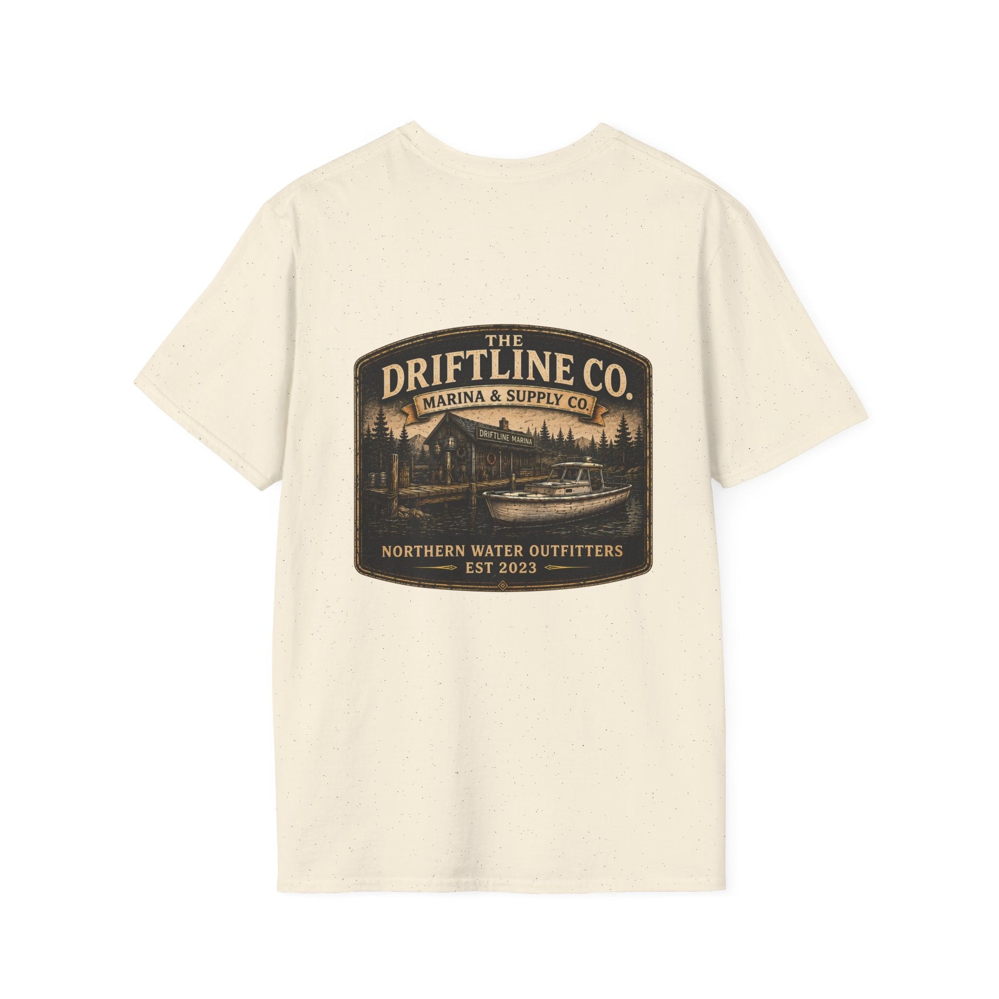 The Driftline Company Marina & Supply Co. Northern Water Outfitters Double-Sided T-Shirt | Vintage Fishing & Boating Tee - SJM Print Store