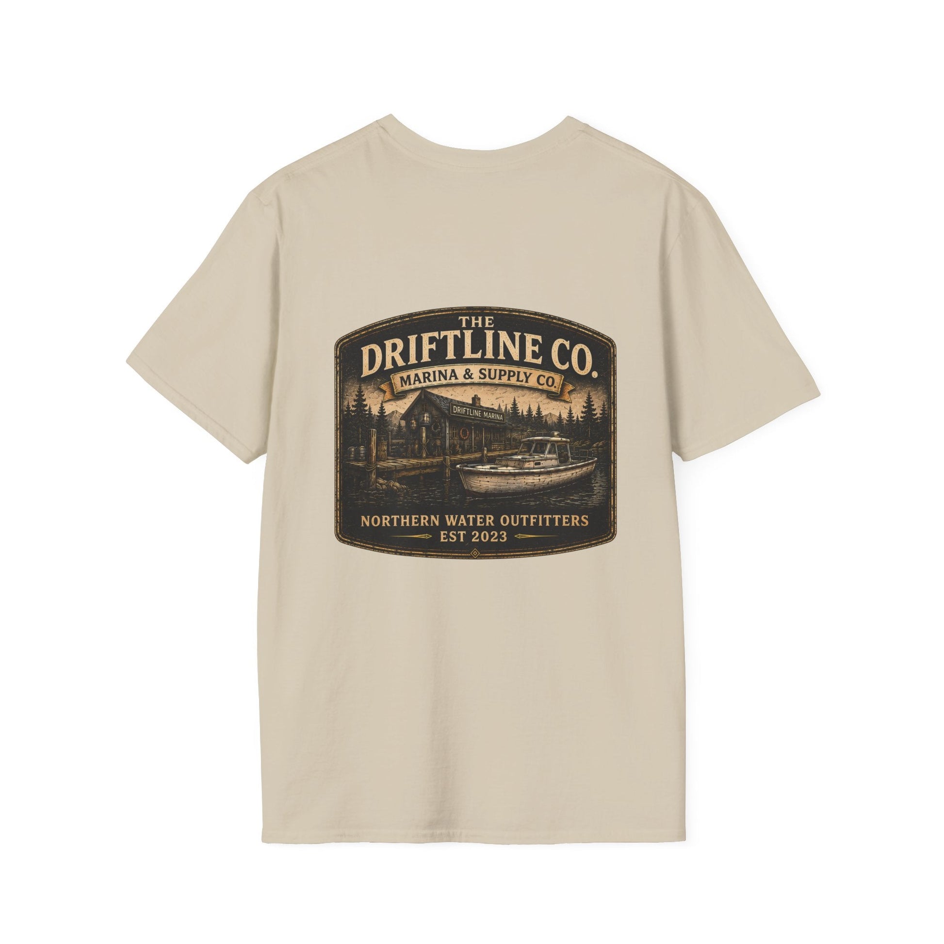 The Driftline Company Marina & Supply Co. Northern Water Outfitters Double-Sided T-Shirt | Vintage Fishing & Boating Tee - SJM Print Store