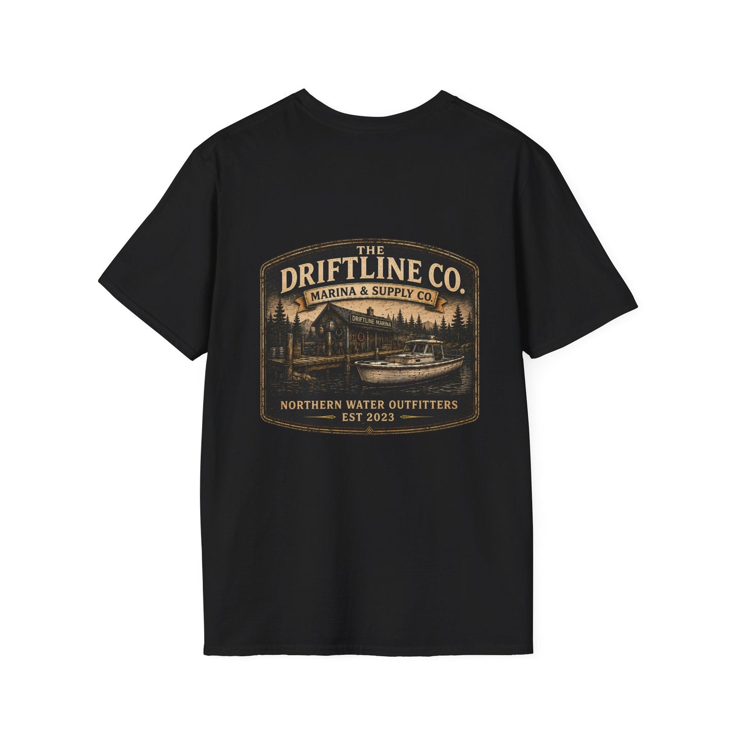 The Driftline Company Marina & Supply Co. Northern Water Outfitters Double-Sided T-Shirt | Vintage Fishing & Boating Tee - SJM Print Store
