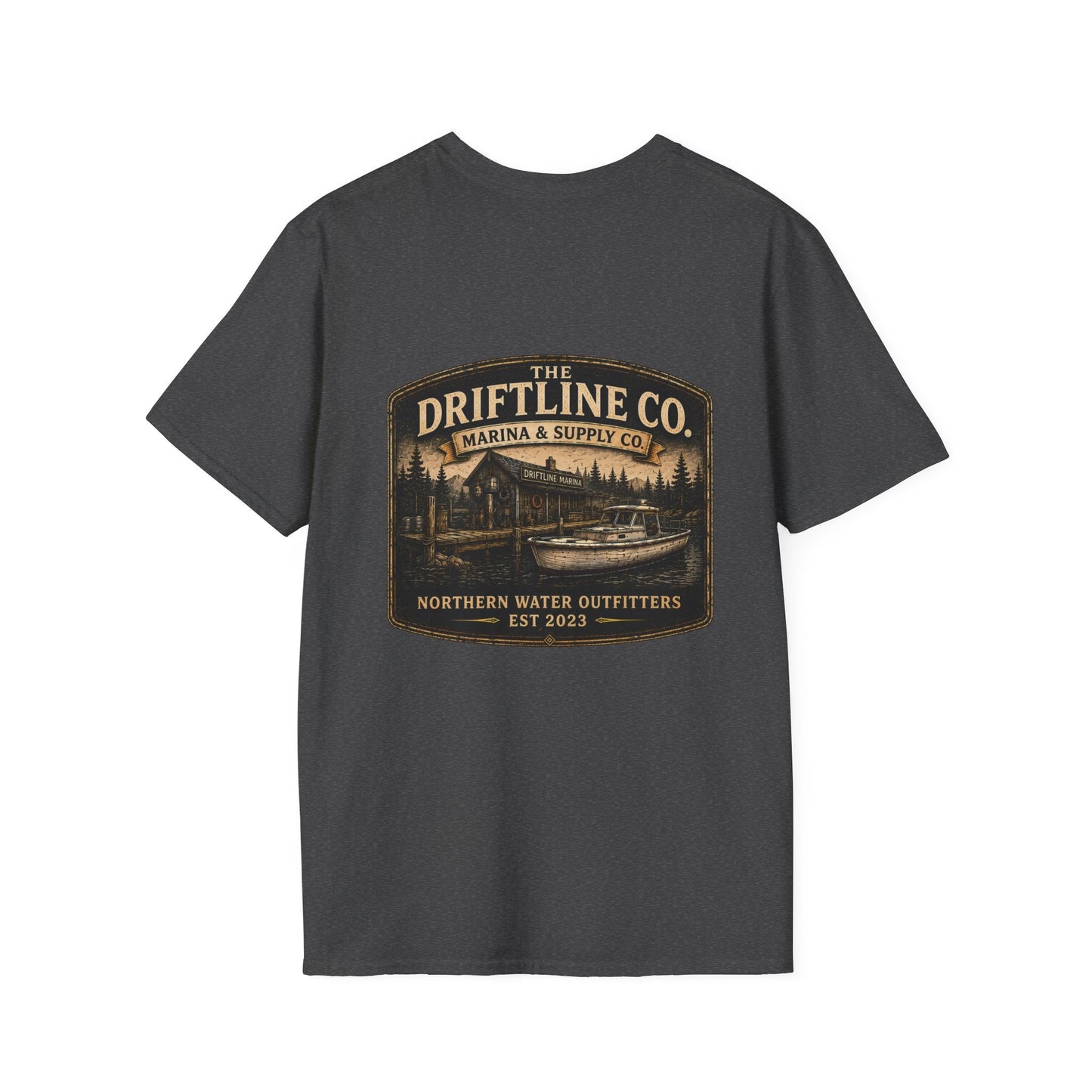 The Driftline Company Marina & Supply Co. Northern Water Outfitters Double-Sided T-Shirt | Vintage Fishing & Boating Tee - SJM Print Store