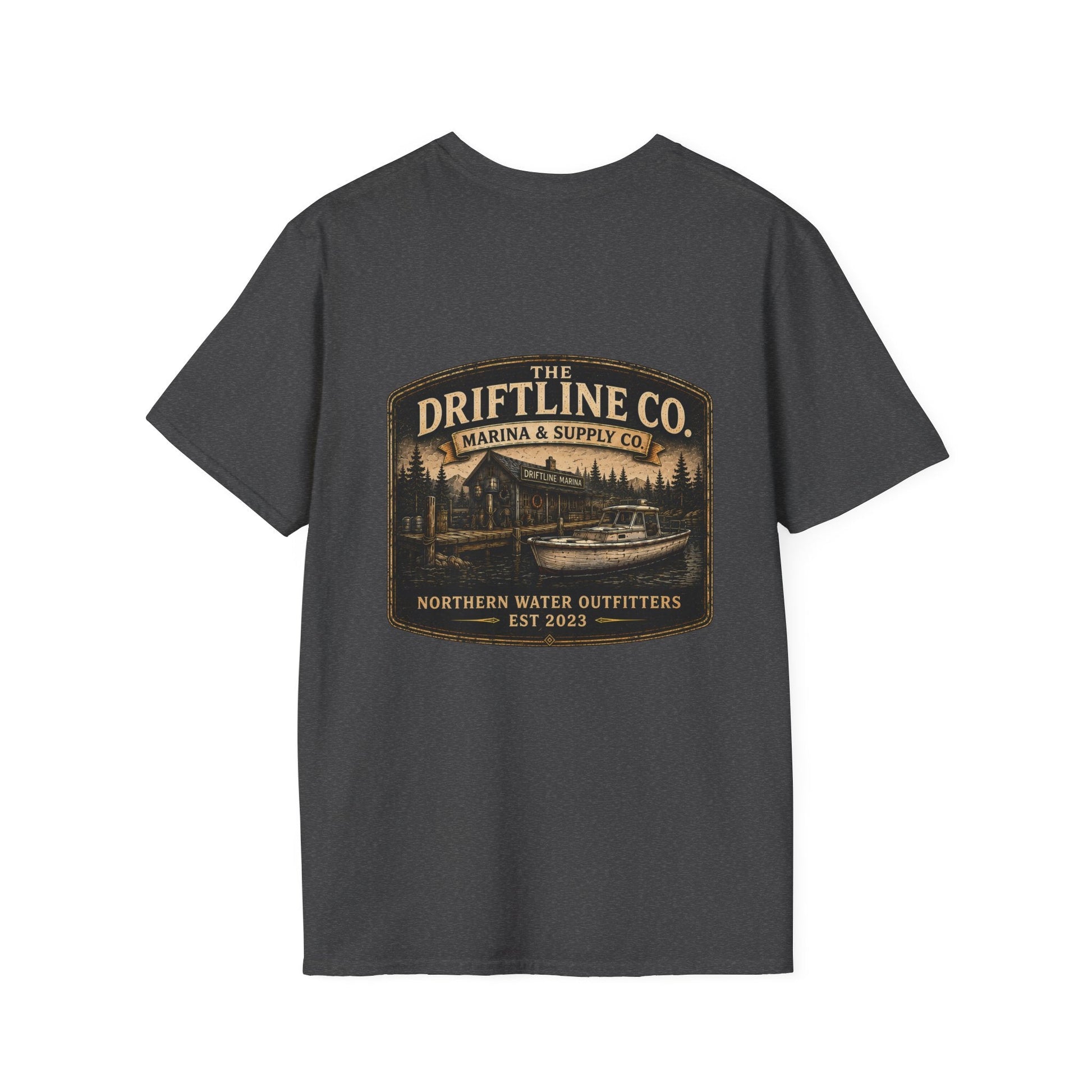 The Driftline Company Marina & Supply Co. Northern Water Outfitters Double-Sided T-Shirt | Vintage Fishing & Boating Tee - SJM Print Store