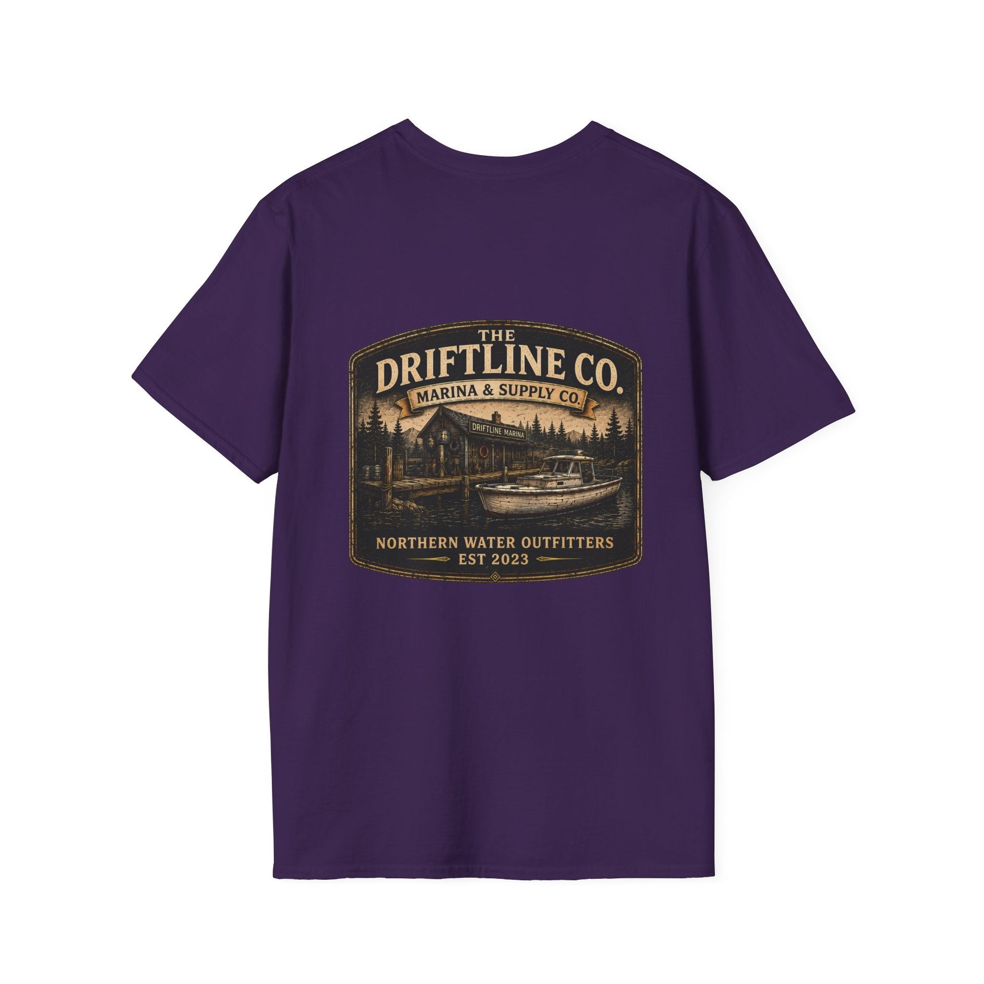 The Driftline Company Marina & Supply Co. Northern Water Outfitters Double-Sided T-Shirt | Vintage Fishing & Boating Tee - SJM Print Store