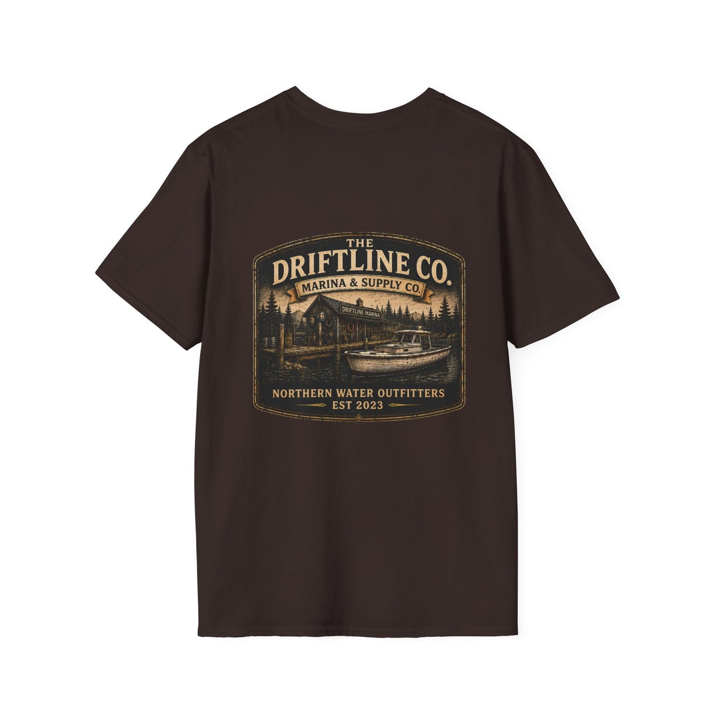 The Driftline Company Marina & Supply Co. Northern Water Outfitters Double-Sided T-Shirt | Vintage Fishing & Boating Tee - SJM Print Store