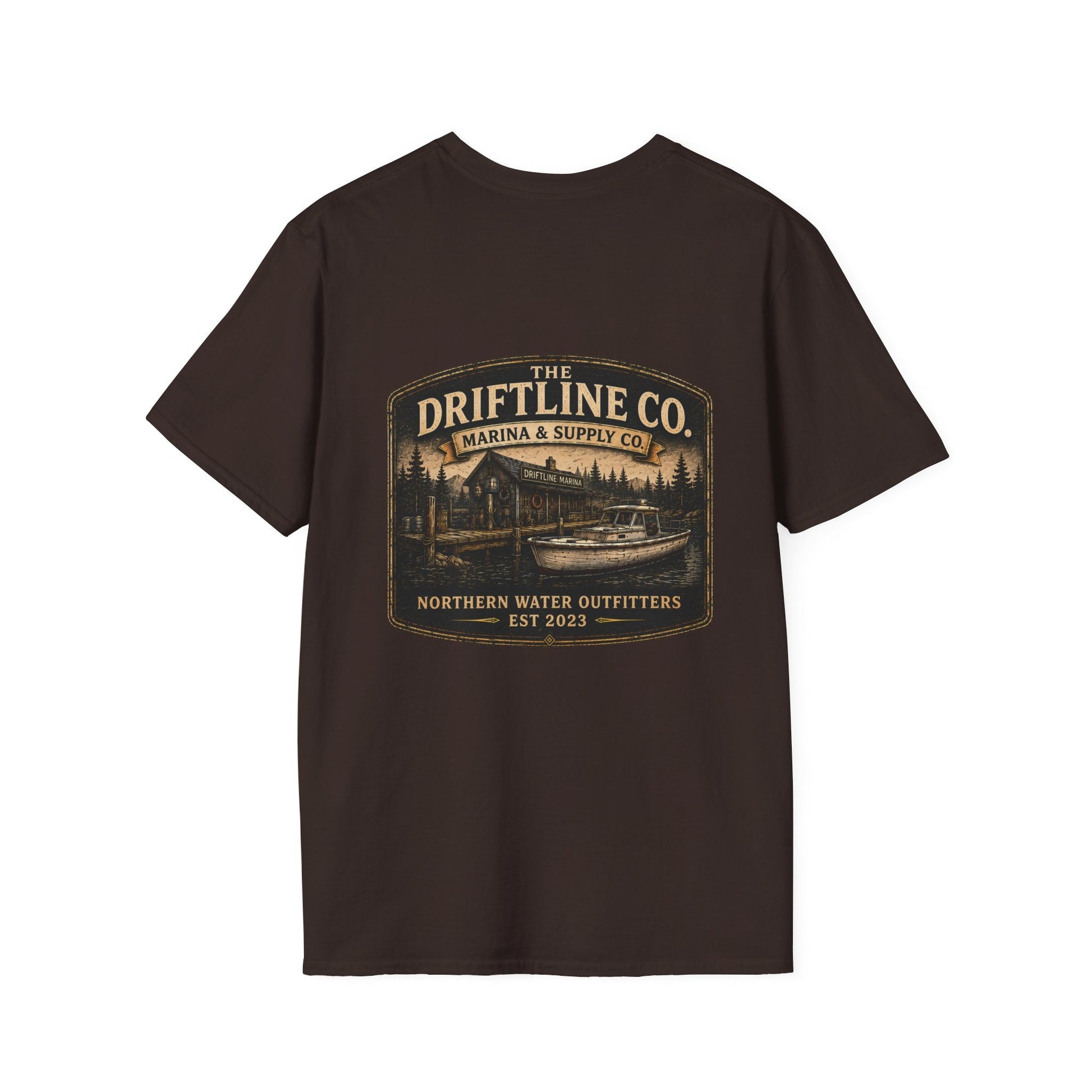 The Driftline Company Marina & Supply Co. Northern Water Outfitters Double-Sided T-Shirt | Vintage Fishing & Boating Tee - SJM Print Store