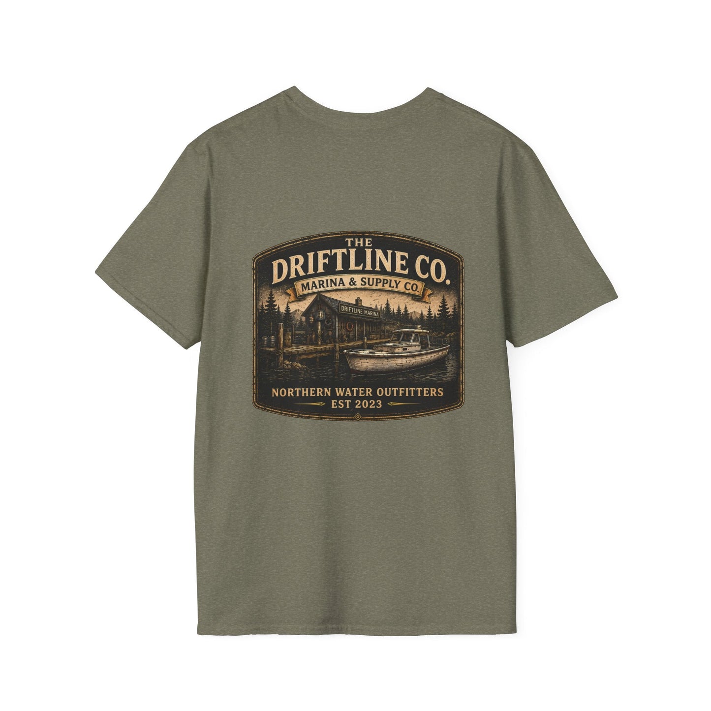The Driftline Company Marina & Supply Co. Northern Water Outfitters Double-Sided T-Shirt | Vintage Fishing & Boating Tee - SJM Print Store