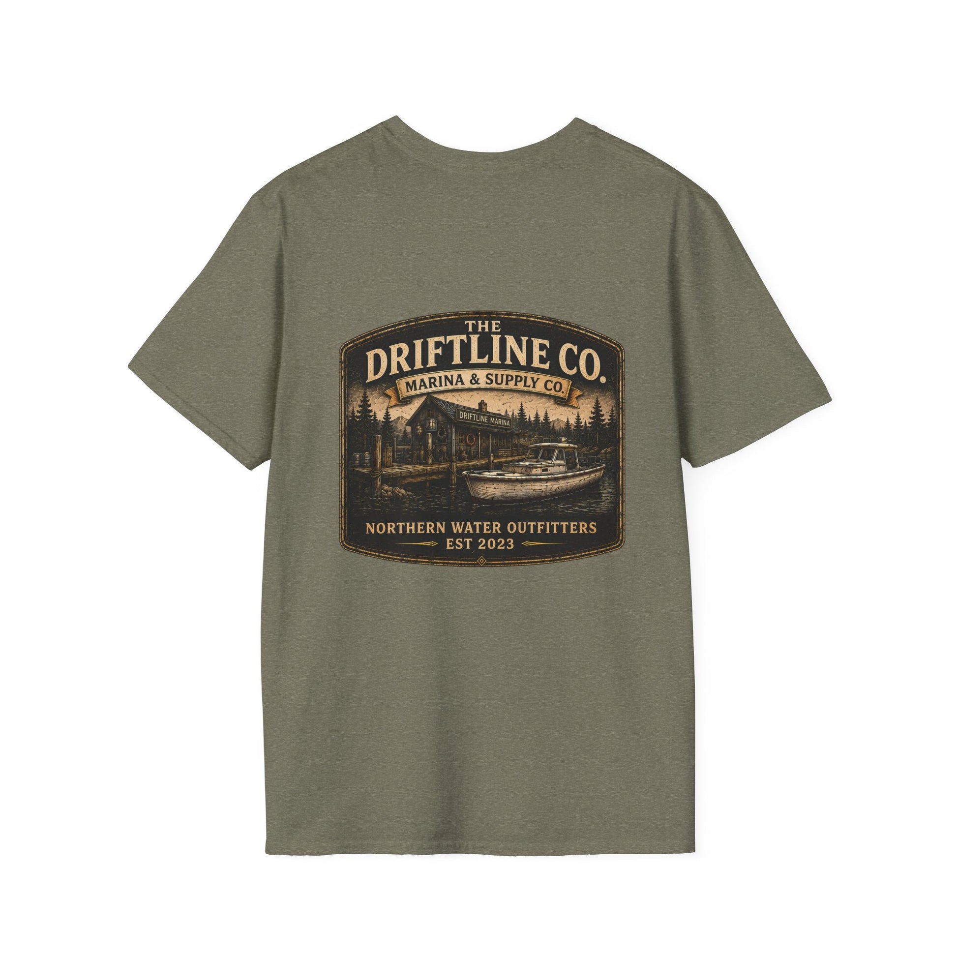 The Driftline Company Marina & Supply Co. Northern Water Outfitters Double-Sided T-Shirt | Vintage Fishing & Boating Tee - SJM Print Store