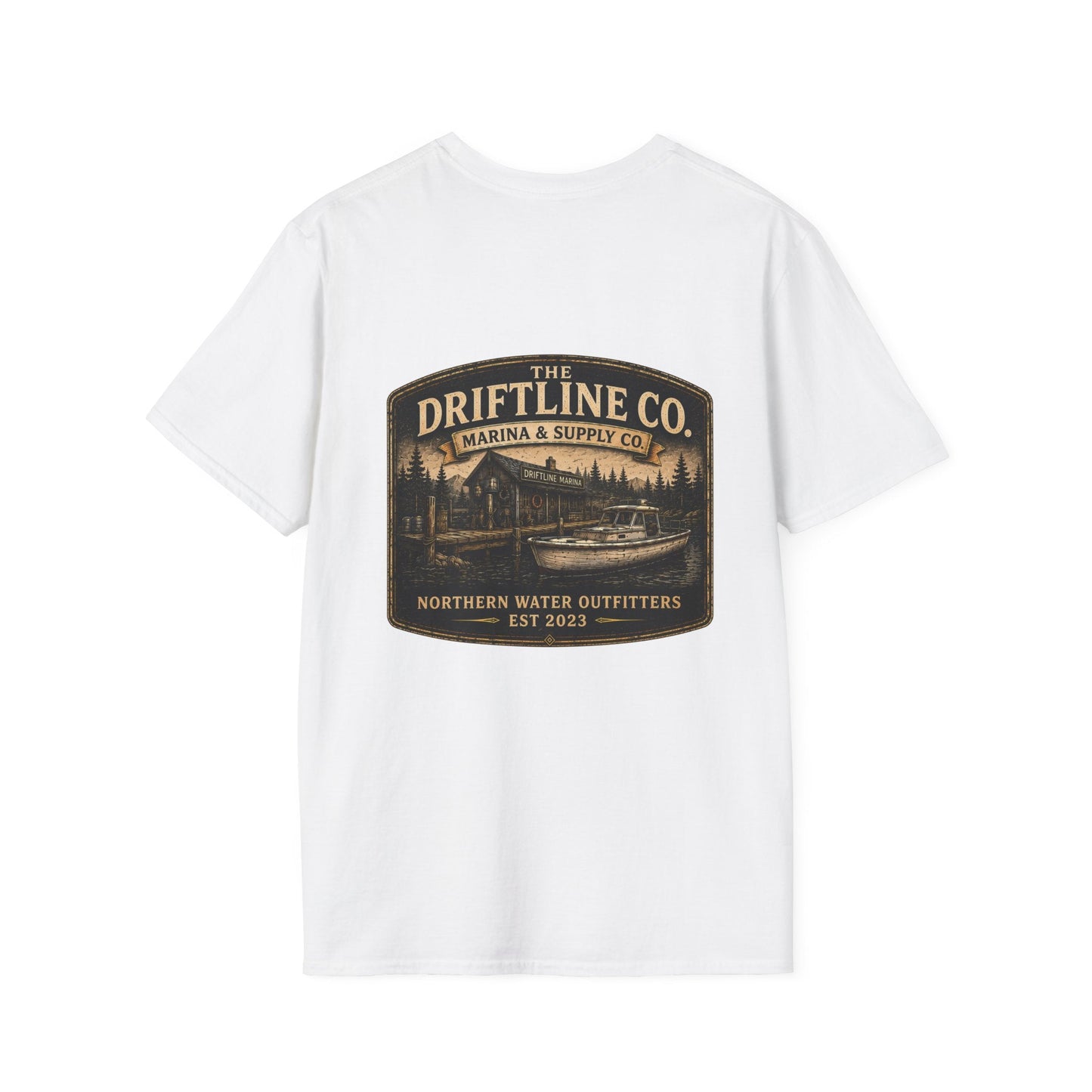 The Driftline Company Marina & Supply Co. Northern Water Outfitters Double-Sided T-Shirt | Vintage Fishing & Boating Tee - SJM Print Store