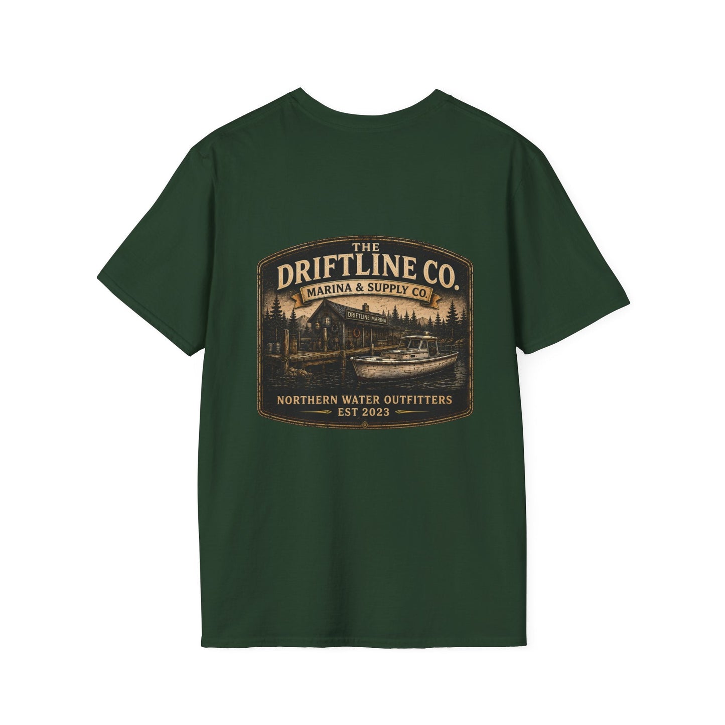 The Driftline Company Marina & Supply Co. Northern Water Outfitters Double-Sided T-Shirt | Vintage Fishing & Boating Tee - SJM Print Store