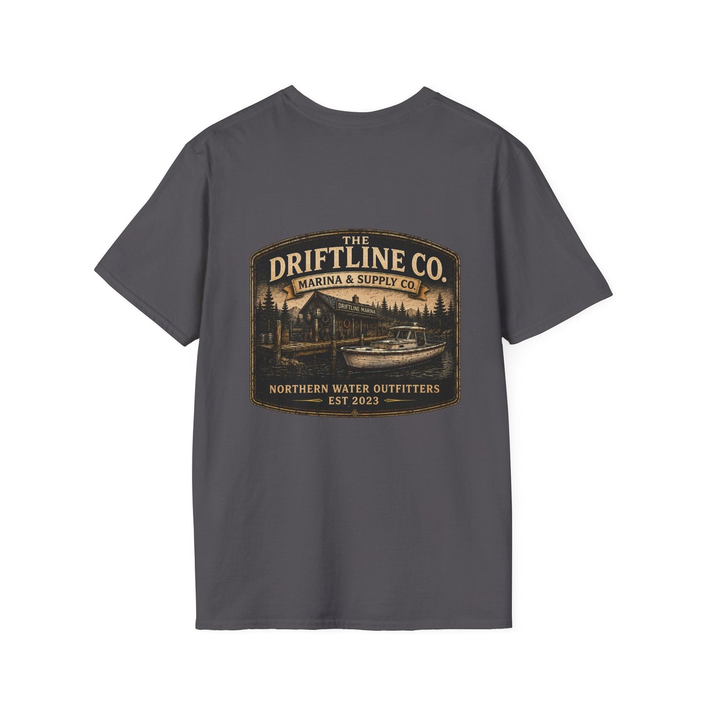 The Driftline Company Marina & Supply Co. Northern Water Outfitters Double-Sided T-Shirt | Vintage Fishing & Boating Tee - SJM Print Store