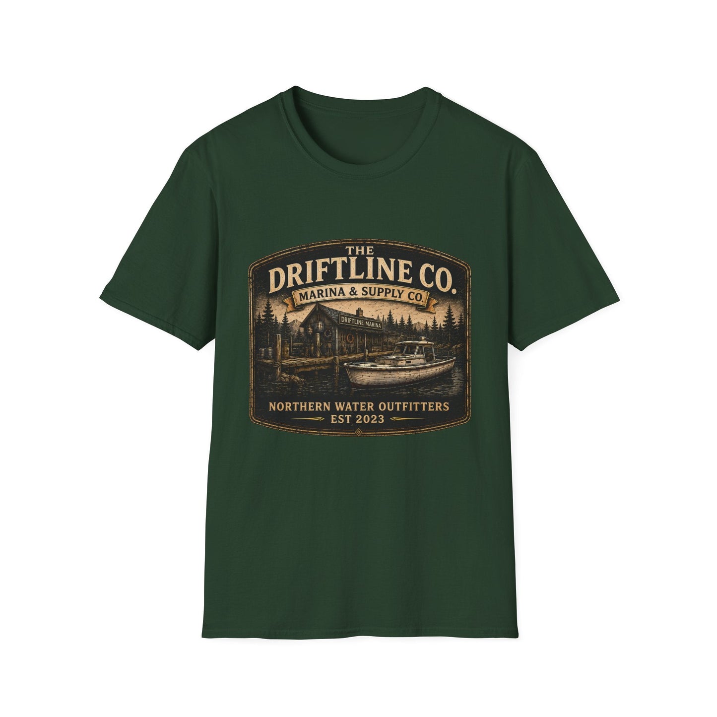 The Driftline Company Marina & Supply Co. Northern Water Outfitters Graphic T-Shirt | Vintage Fishing Tee - SJM Print Store