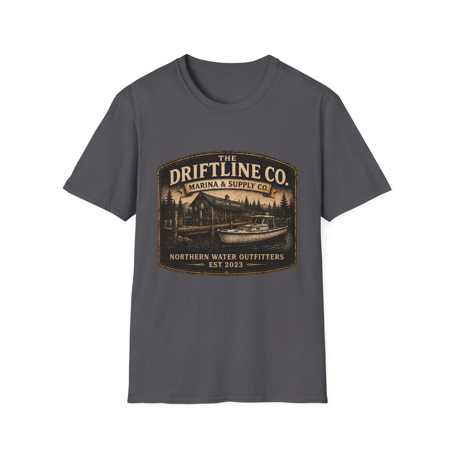 The Driftline Company Marina & Supply Co. Northern Water Outfitters Graphic T-Shirt | Vintage Fishing Tee - SJM Print Store