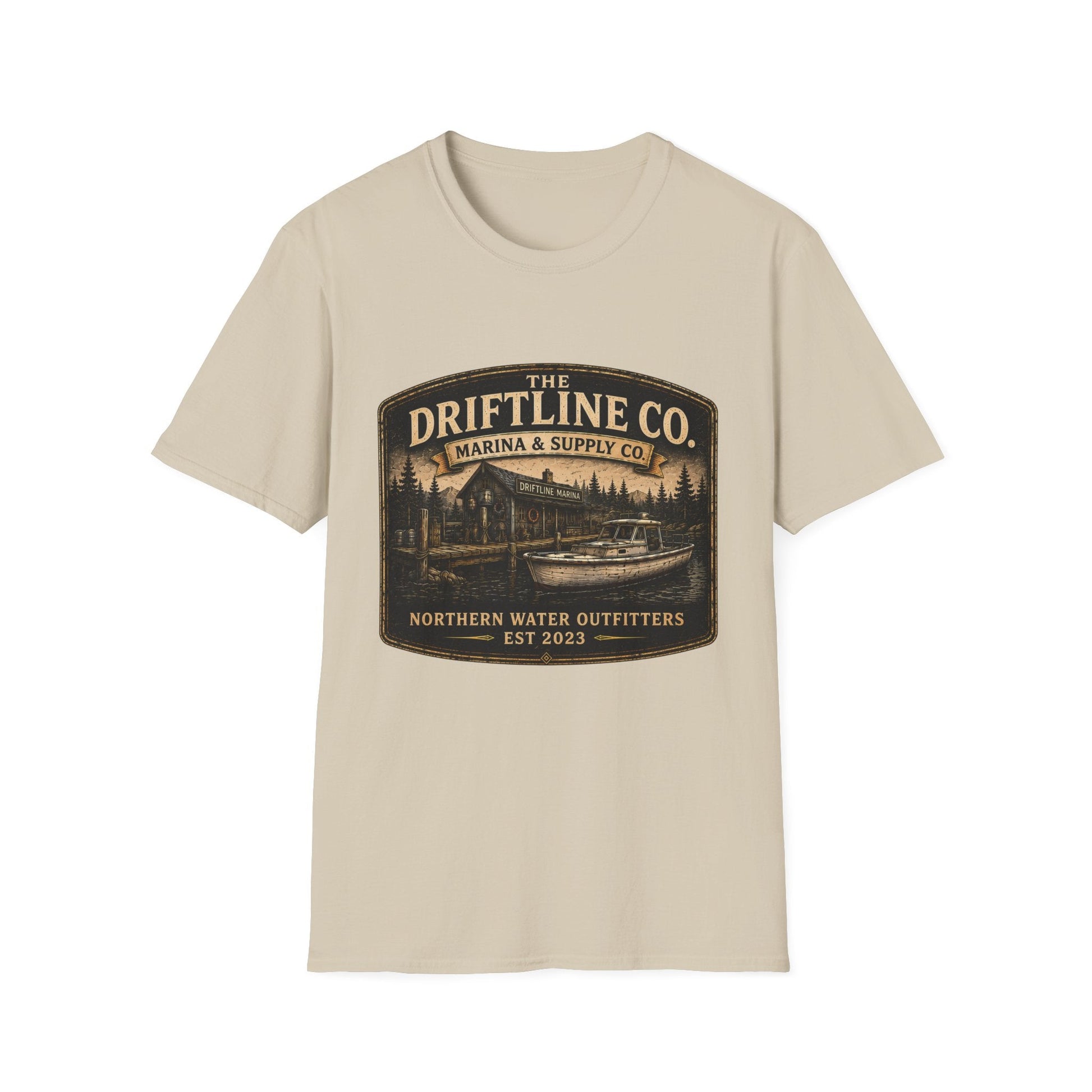 The Driftline Company Marina & Supply Co. Northern Water Outfitters Graphic T-Shirt | Vintage Fishing Tee - SJM Print Store