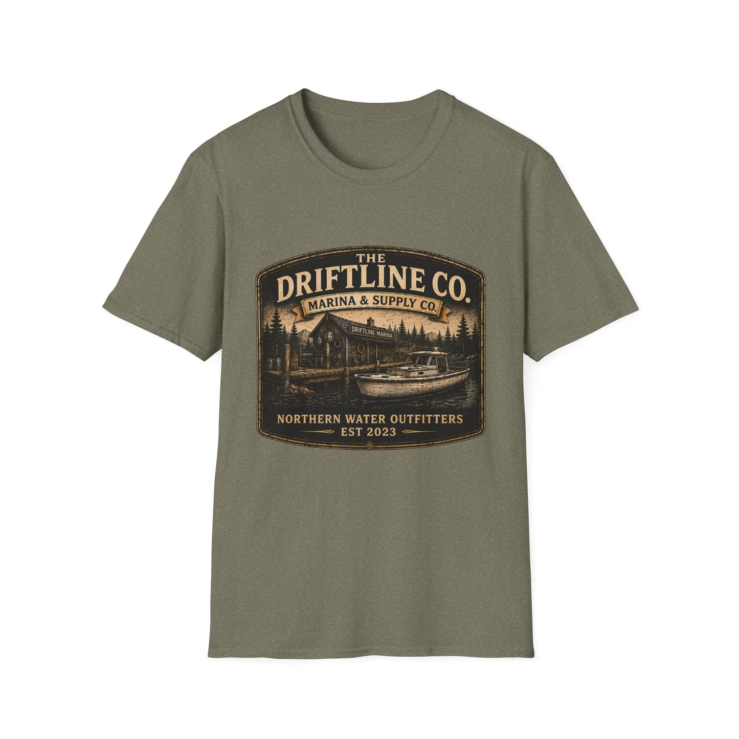 The Driftline Company Marina & Supply Co. Northern Water Outfitters Graphic T-Shirt | Vintage Fishing Tee - SJM Print Store