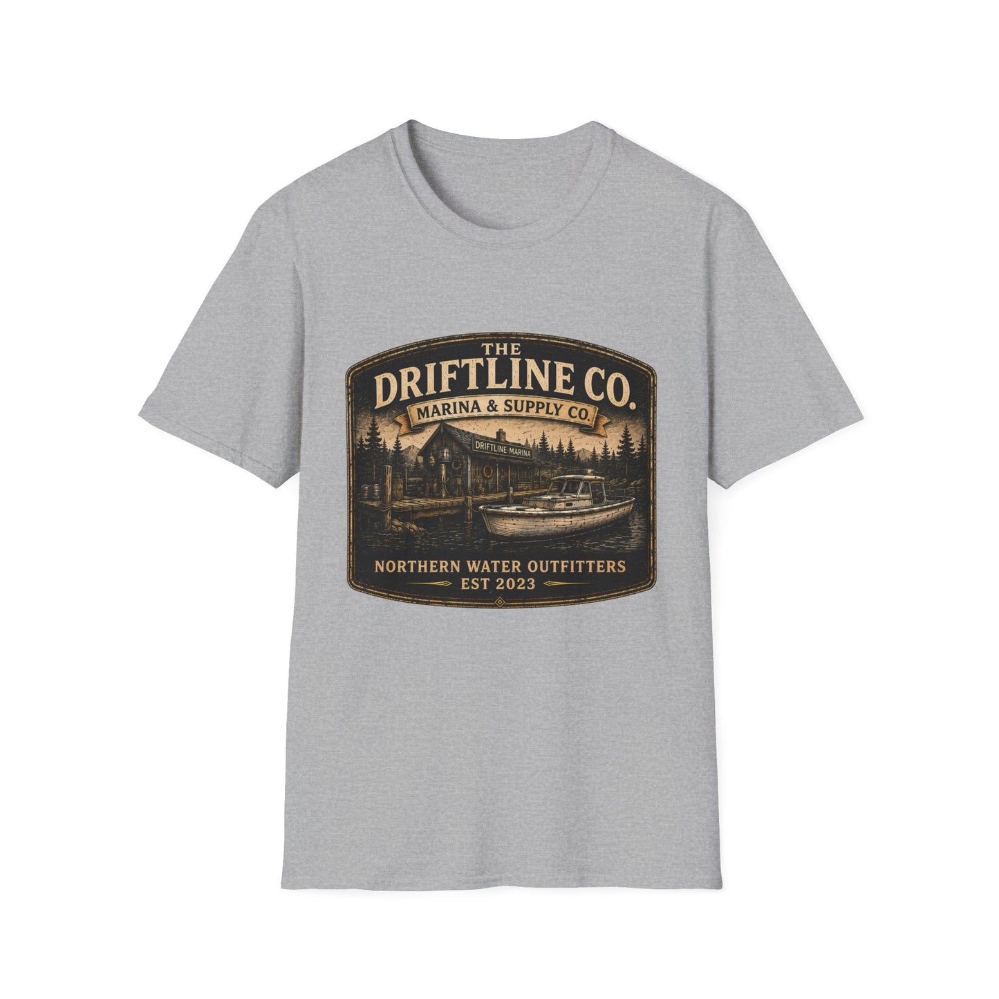 The Driftline Company Marina & Supply Co. Northern Water Outfitters Graphic T-Shirt | Vintage Fishing Tee - SJM Print Store