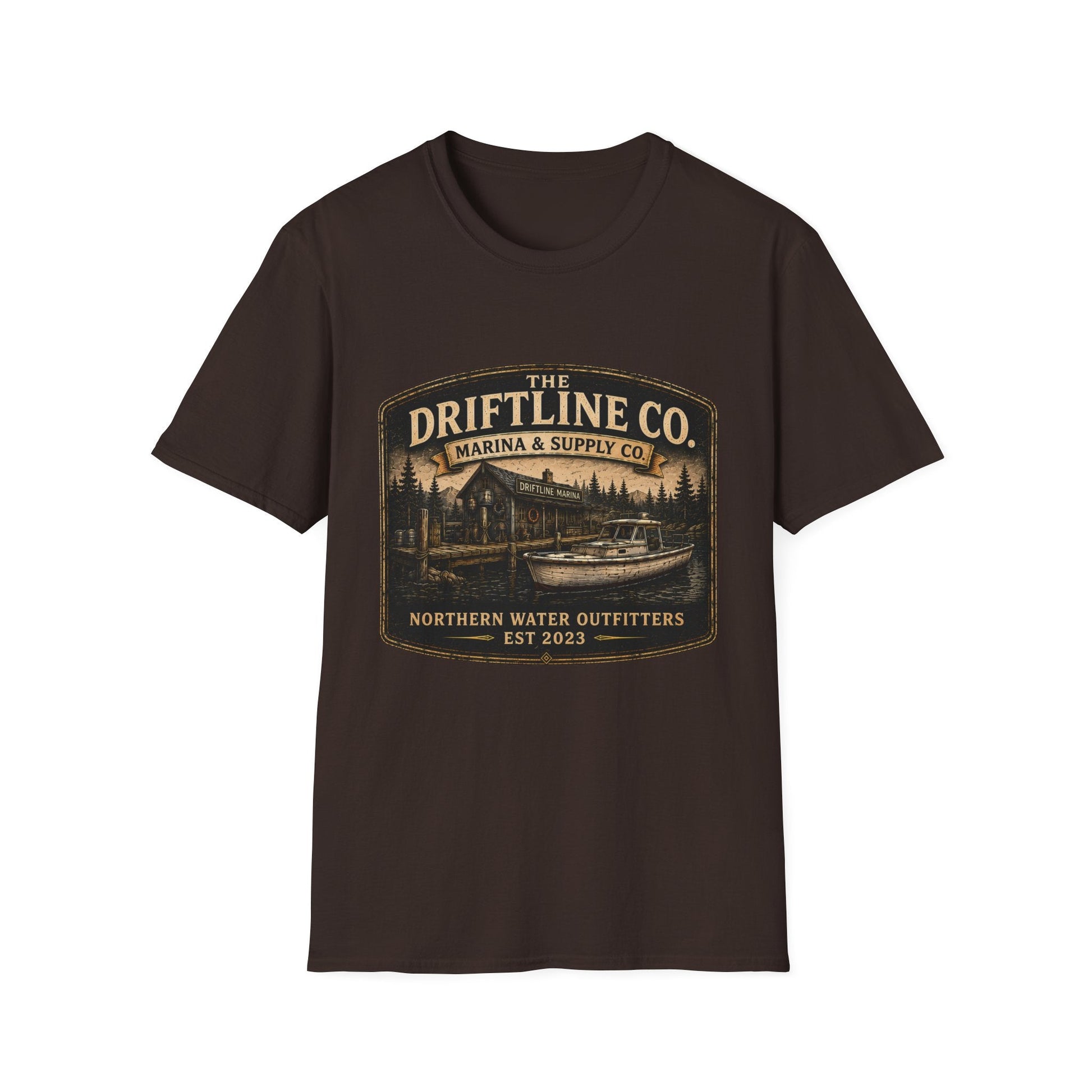 The Driftline Company Marina & Supply Co. Northern Water Outfitters Graphic T-Shirt | Vintage Fishing Tee - SJM Print Store