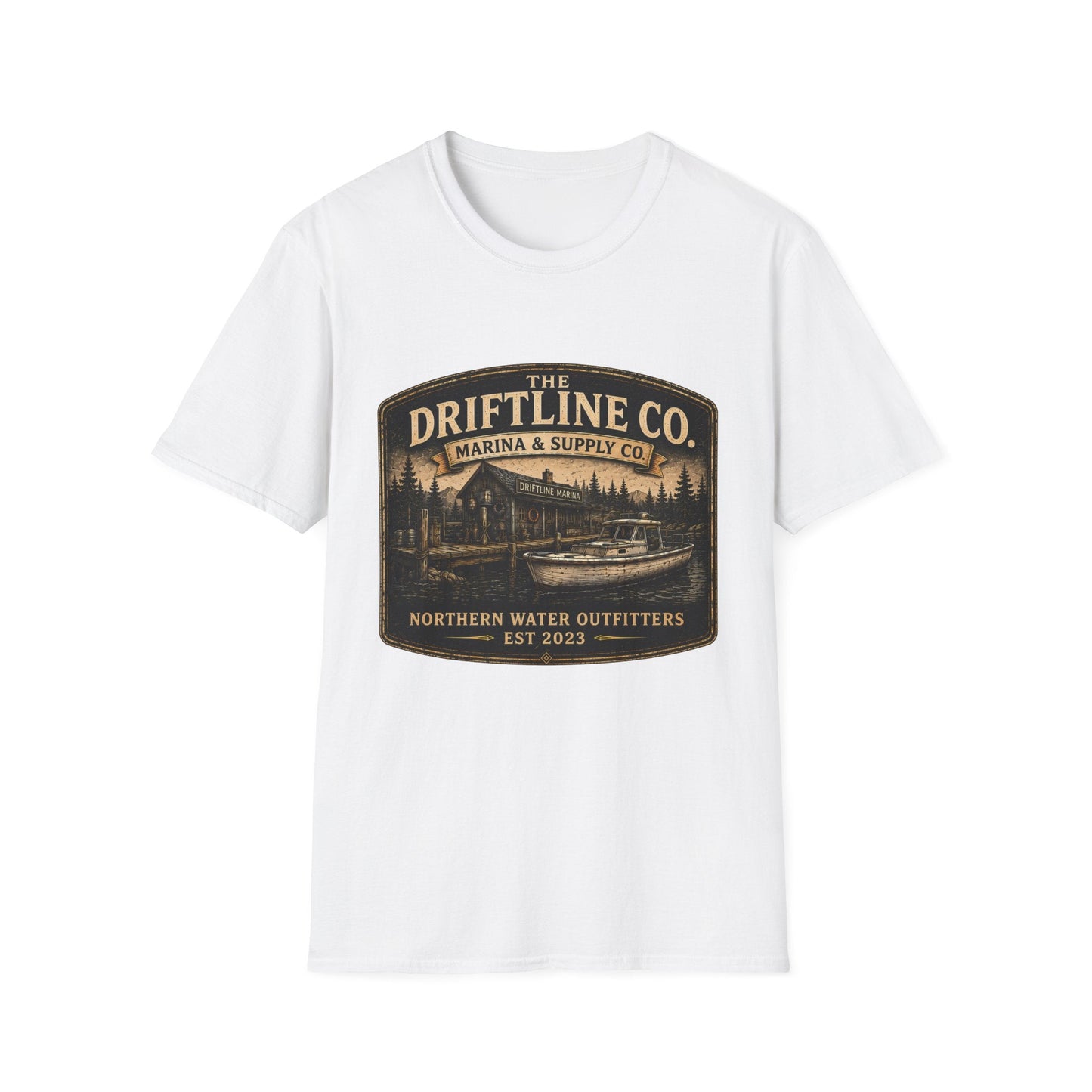The Driftline Company Marina & Supply Co. Northern Water Outfitters Graphic T-Shirt | Vintage Fishing Tee - SJM Print Store