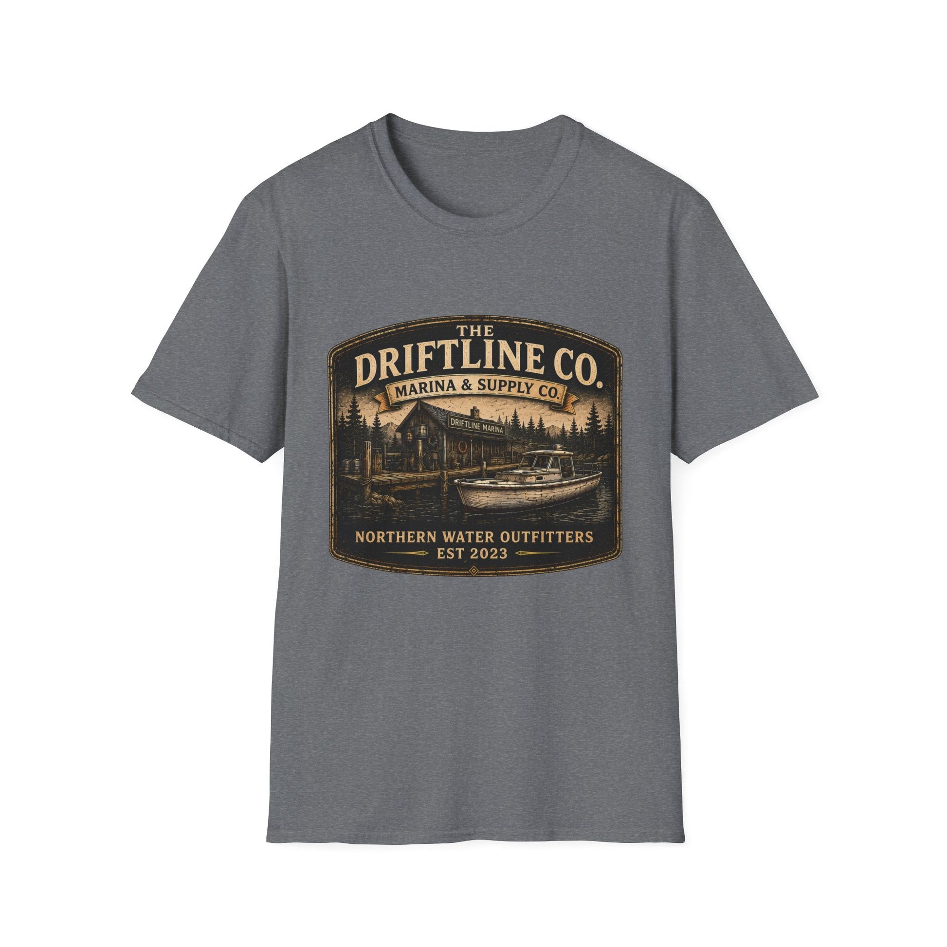 The Driftline Company Marina & Supply Co. Northern Water Outfitters Graphic T-Shirt | Vintage Fishing Tee - SJM Print Store