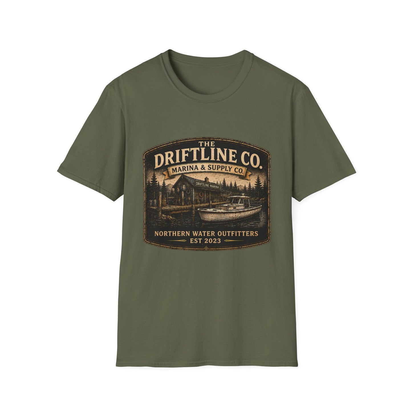The Driftline Company Marina & Supply Co. Northern Water Outfitters Graphic T-Shirt | Vintage Fishing Tee - SJM Print Store