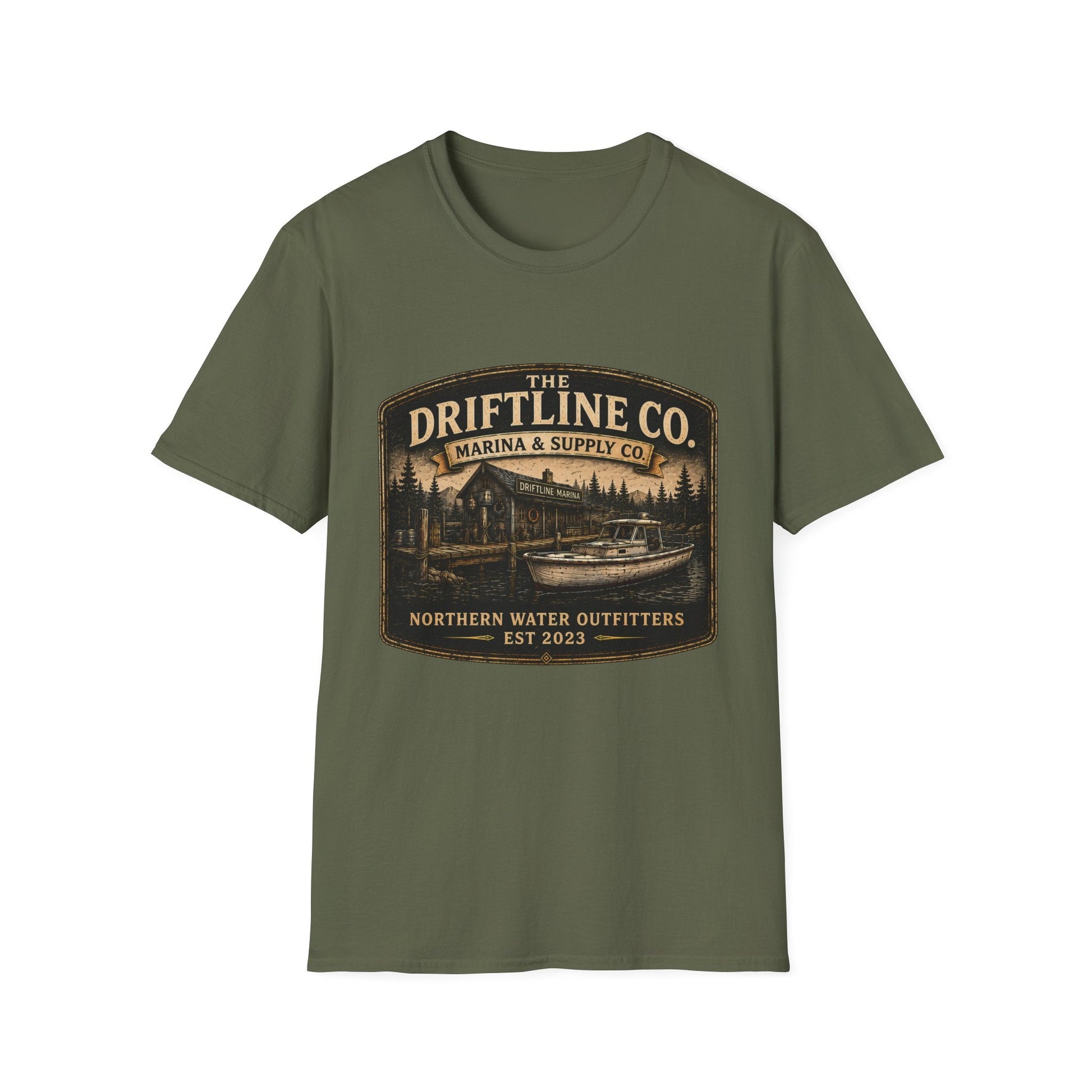 The Driftline Company Marina & Supply Co. Northern Water Outfitters Graphic T-Shirt | Vintage Fishing Tee - SJM Print Store