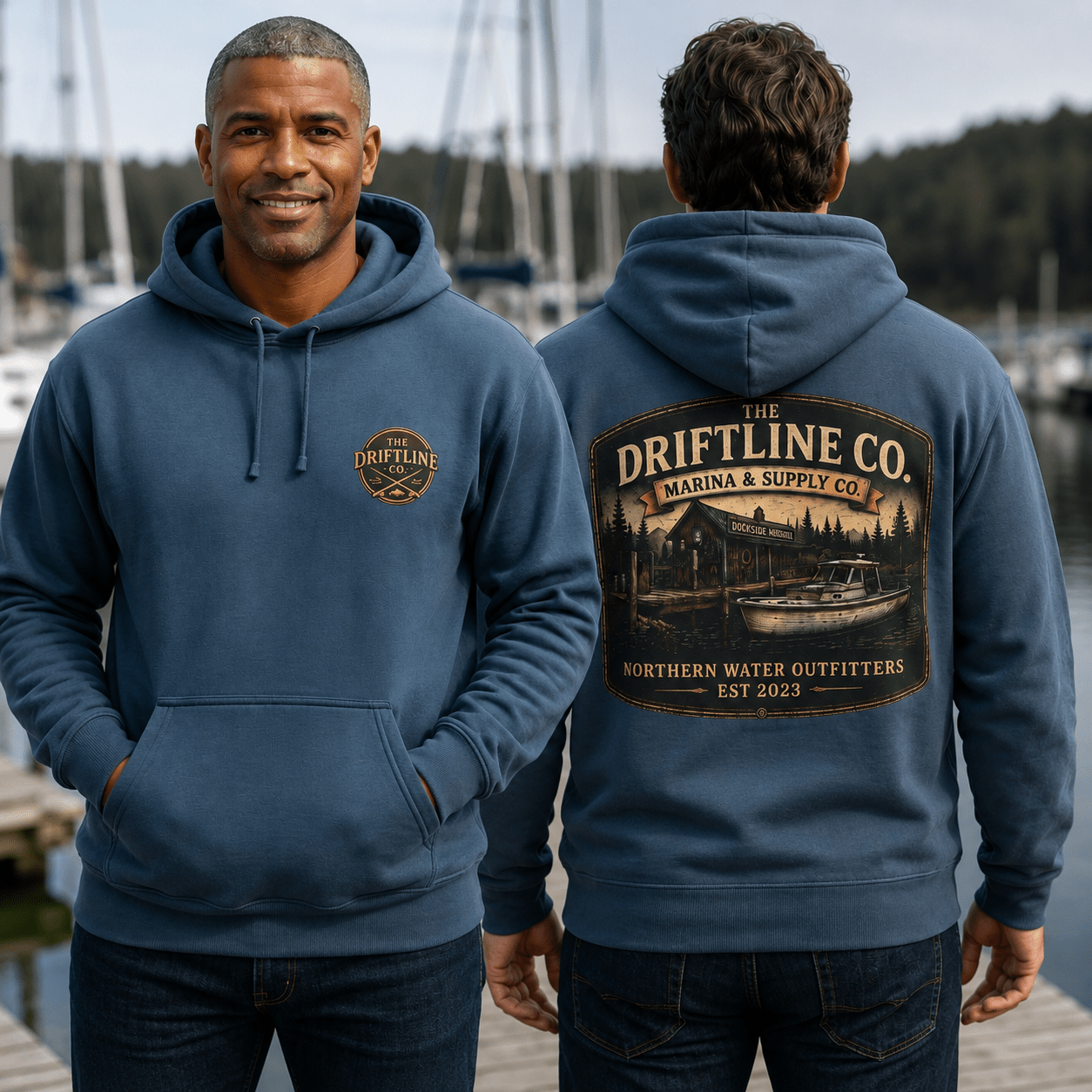 The Driftline Company Marina & Supply Co. Northern Water Outfitters Premium Hoodie | Fishing & Boating Hoodie - SJM Print Store