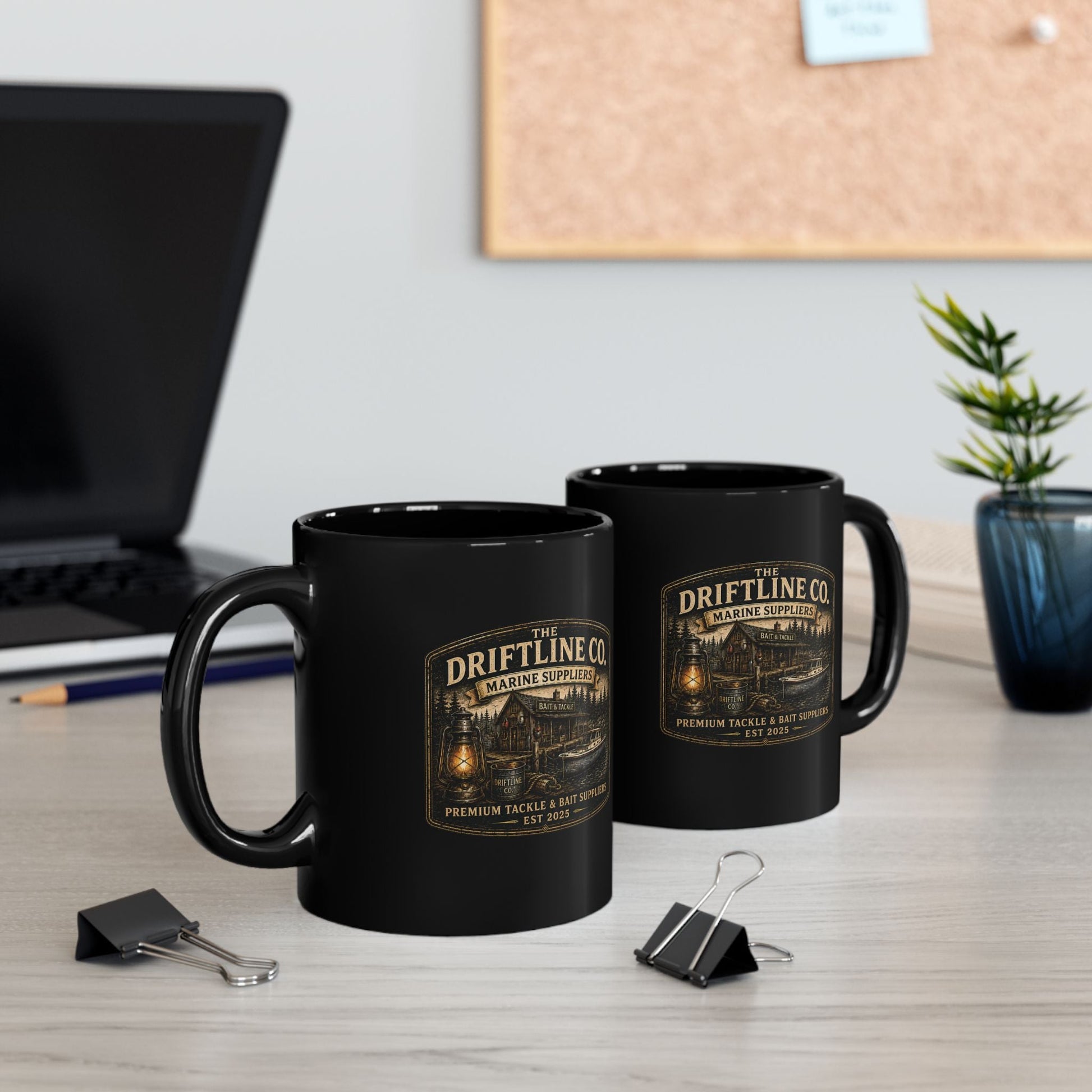 The Driftline Company Marine Suppliers Premium Tackle & Bait Black Ceramic Mug (11oz) - SJM Print Store
