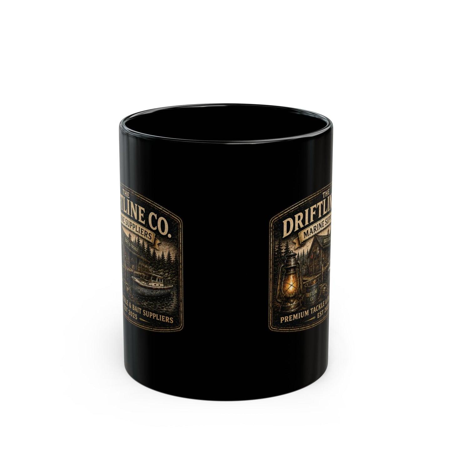 The Driftline Company Marine Suppliers Premium Tackle & Bait Black Ceramic Mug (11oz) - SJM Print Store