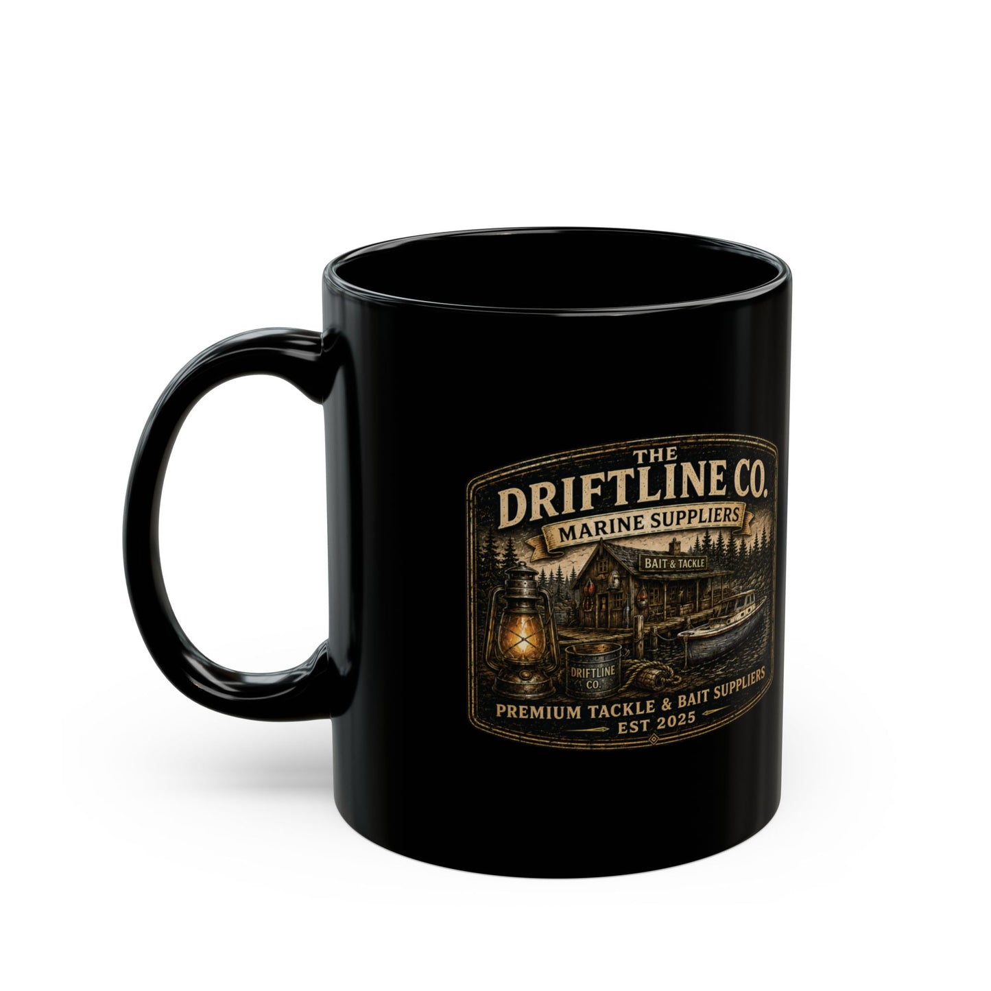 The Driftline Company Marine Suppliers Premium Tackle & Bait Black Ceramic Mug (11oz) - SJM Print Store