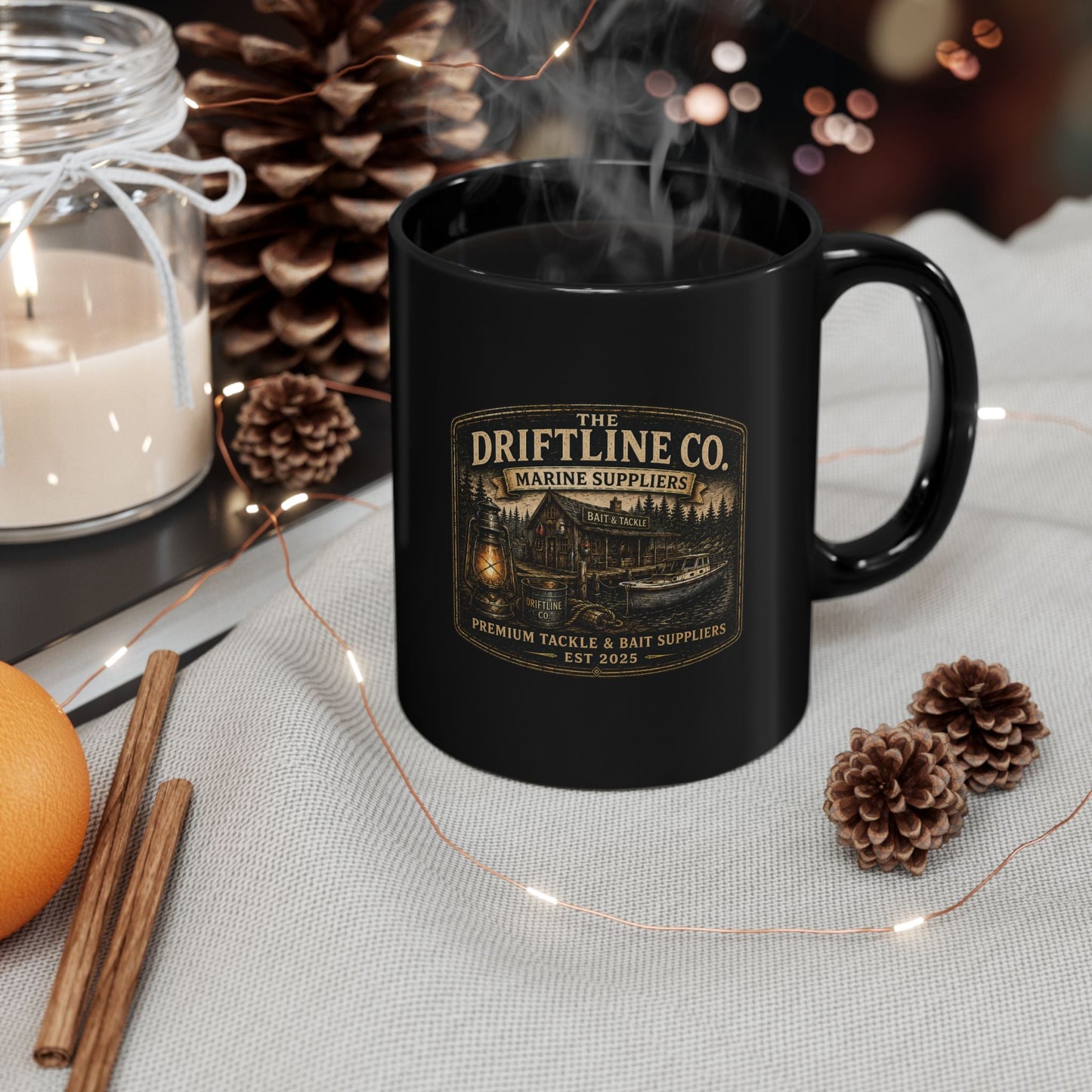 The Driftline Company Marine Suppliers Premium Tackle & Bait Black Ceramic Mug (11oz) - SJM Print Store