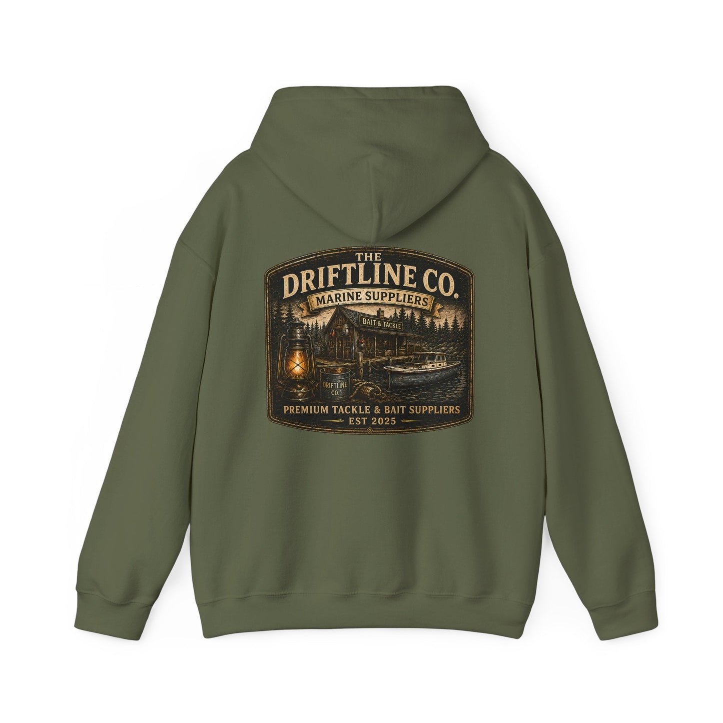 The Driftline Company Marine Suppliers Premium Tackle & Bait Heavy Blend Hoodie - SJM Print Store