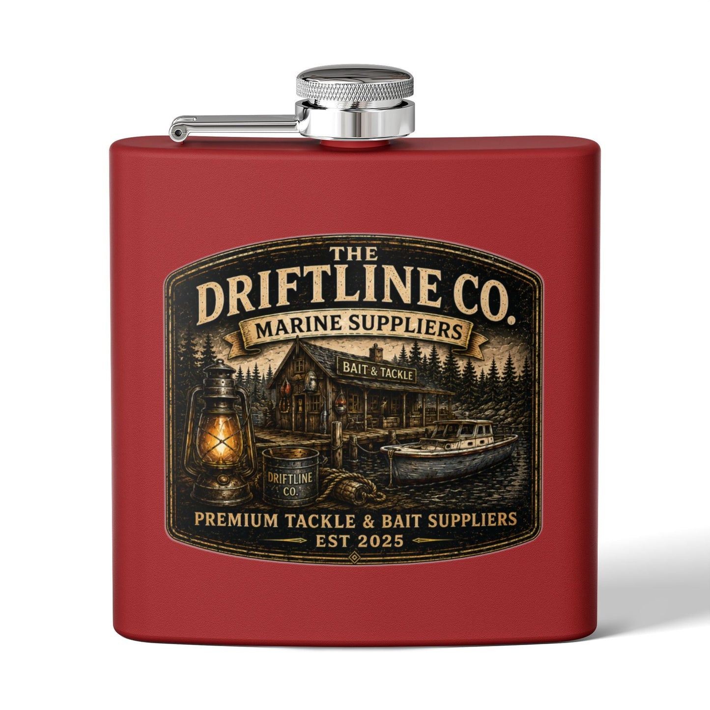 The Driftline Company Marine Suppliers Premium Tackle & Bait Stainless Steel Hip Flask - SJM Print Store