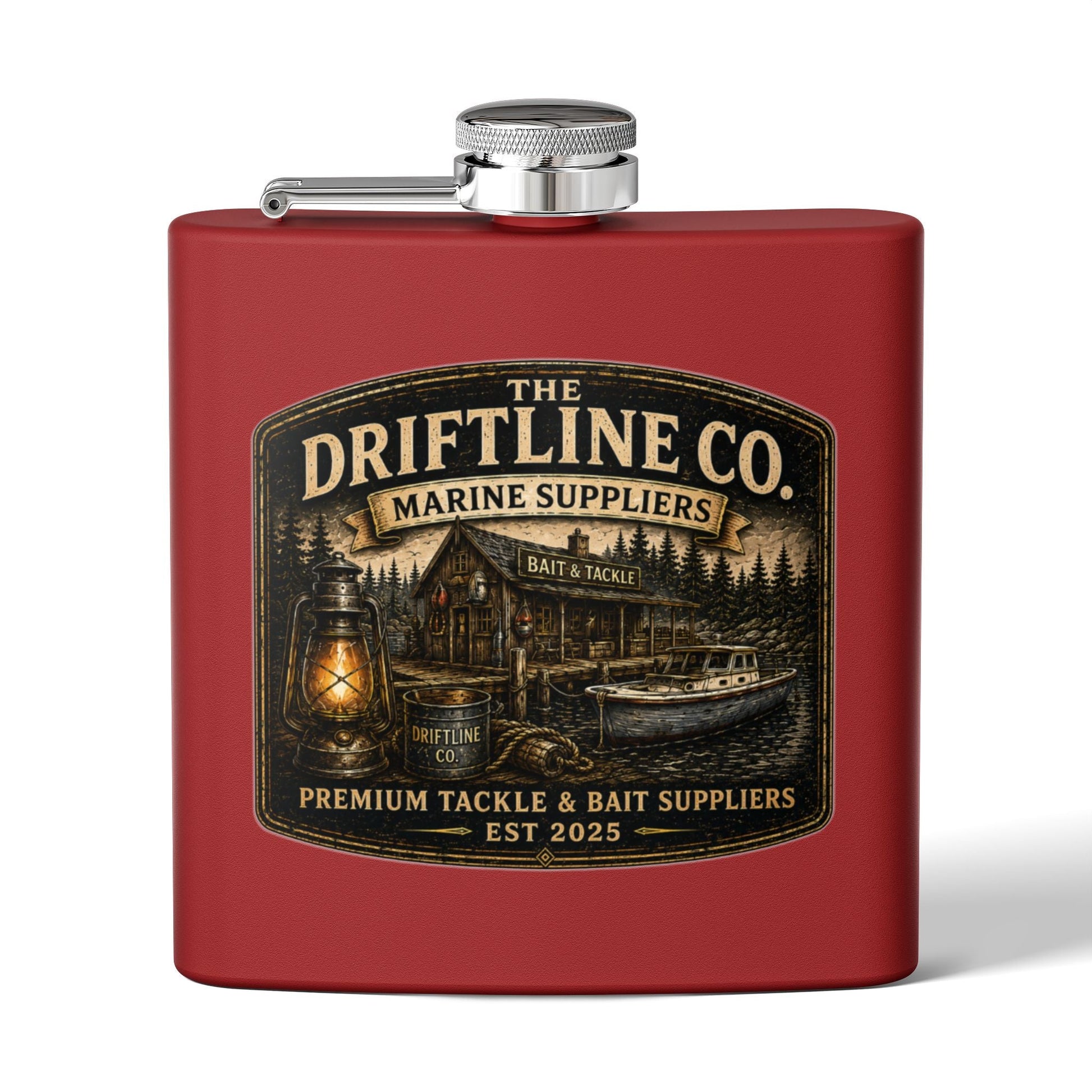 The Driftline Company Marine Suppliers Premium Tackle & Bait Stainless Steel Hip Flask - SJM Print Store