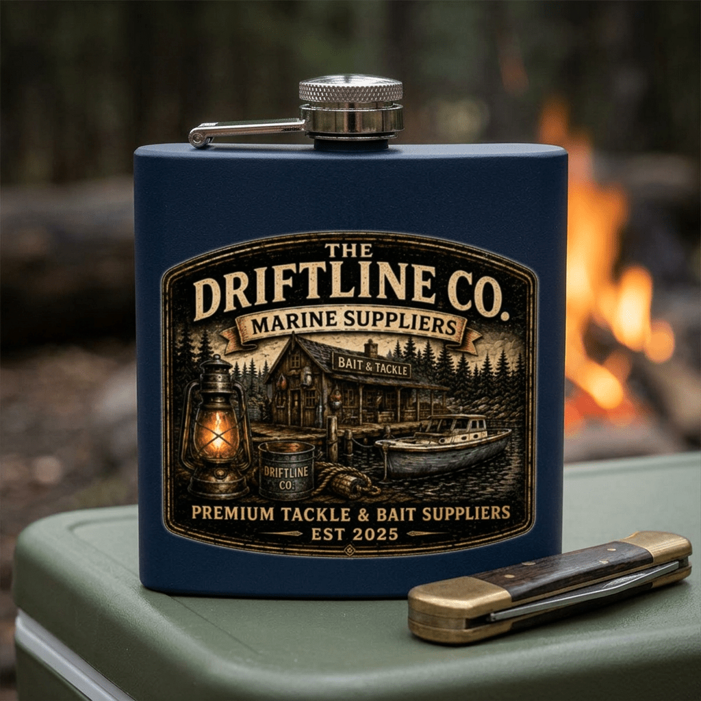 The Driftline Company Marine Suppliers Premium Tackle & Bait Stainless Steel Hip Flask - SJM Print Store