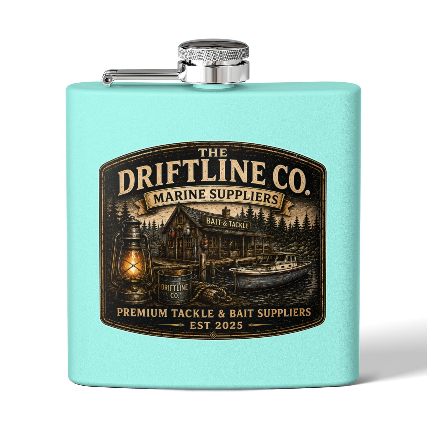 The Driftline Company Marine Suppliers Premium Tackle & Bait Stainless Steel Hip Flask - SJM Print Store