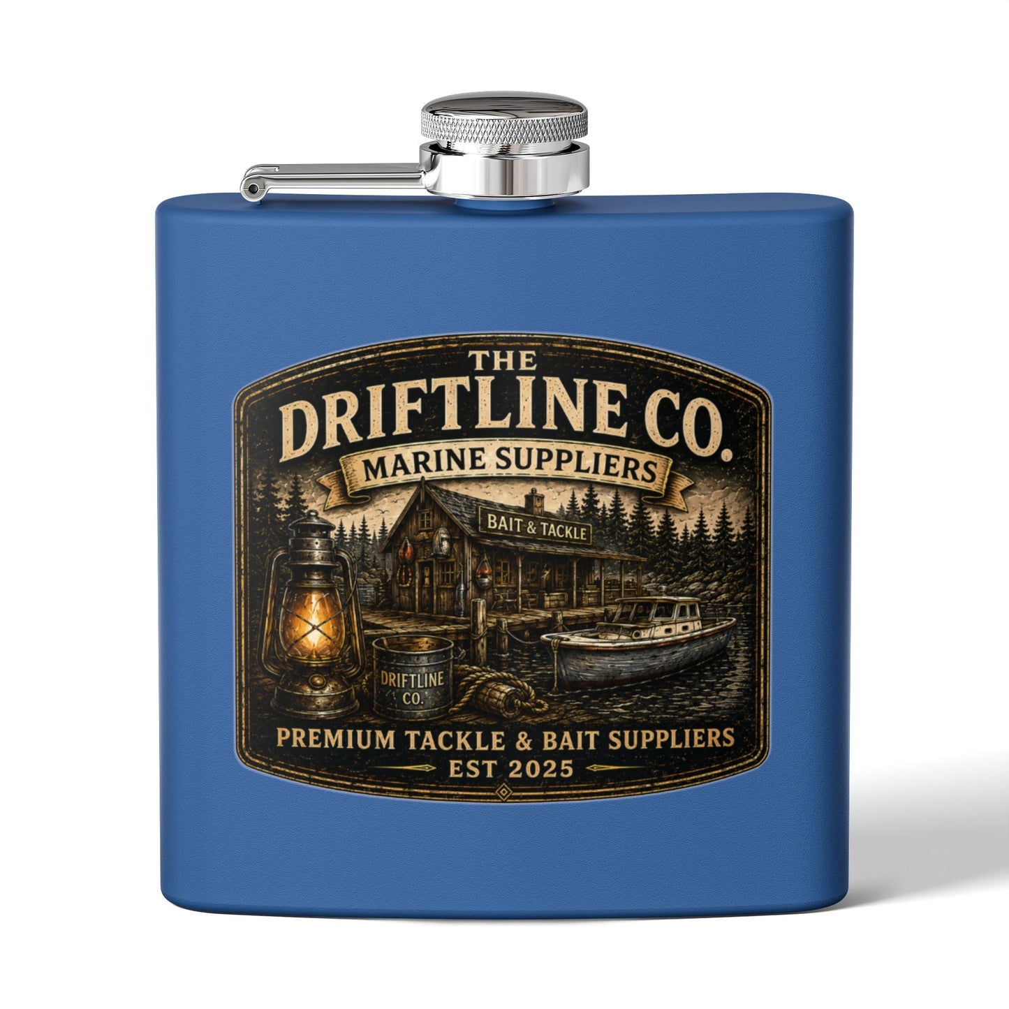 The Driftline Company Marine Suppliers Premium Tackle & Bait Stainless Steel Hip Flask - SJM Print Store