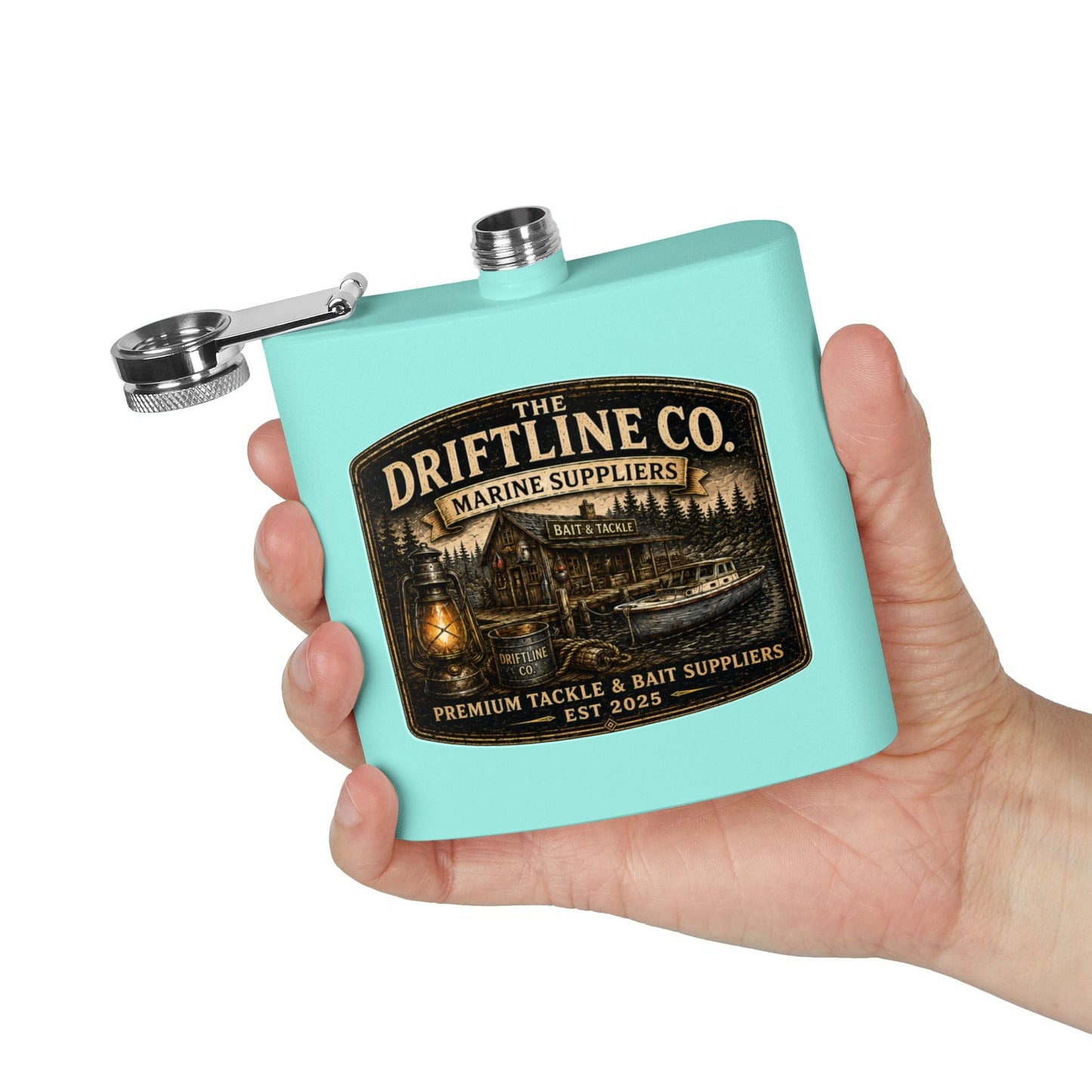 The Driftline Company Marine Suppliers Premium Tackle & Bait Stainless Steel Hip Flask - SJM Print Store
