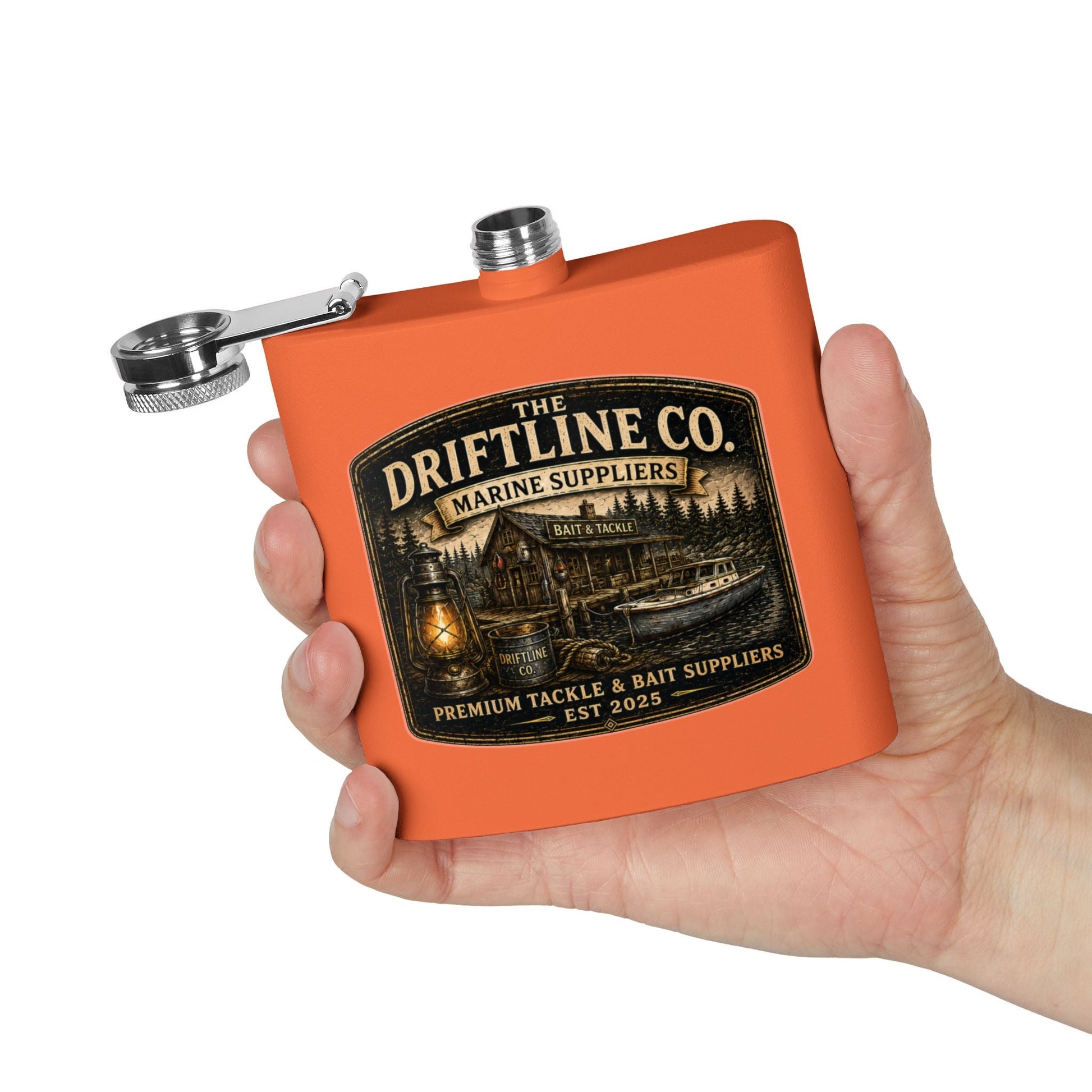 The Driftline Company Marine Suppliers Premium Tackle & Bait Stainless Steel Hip Flask - SJM Print Store
